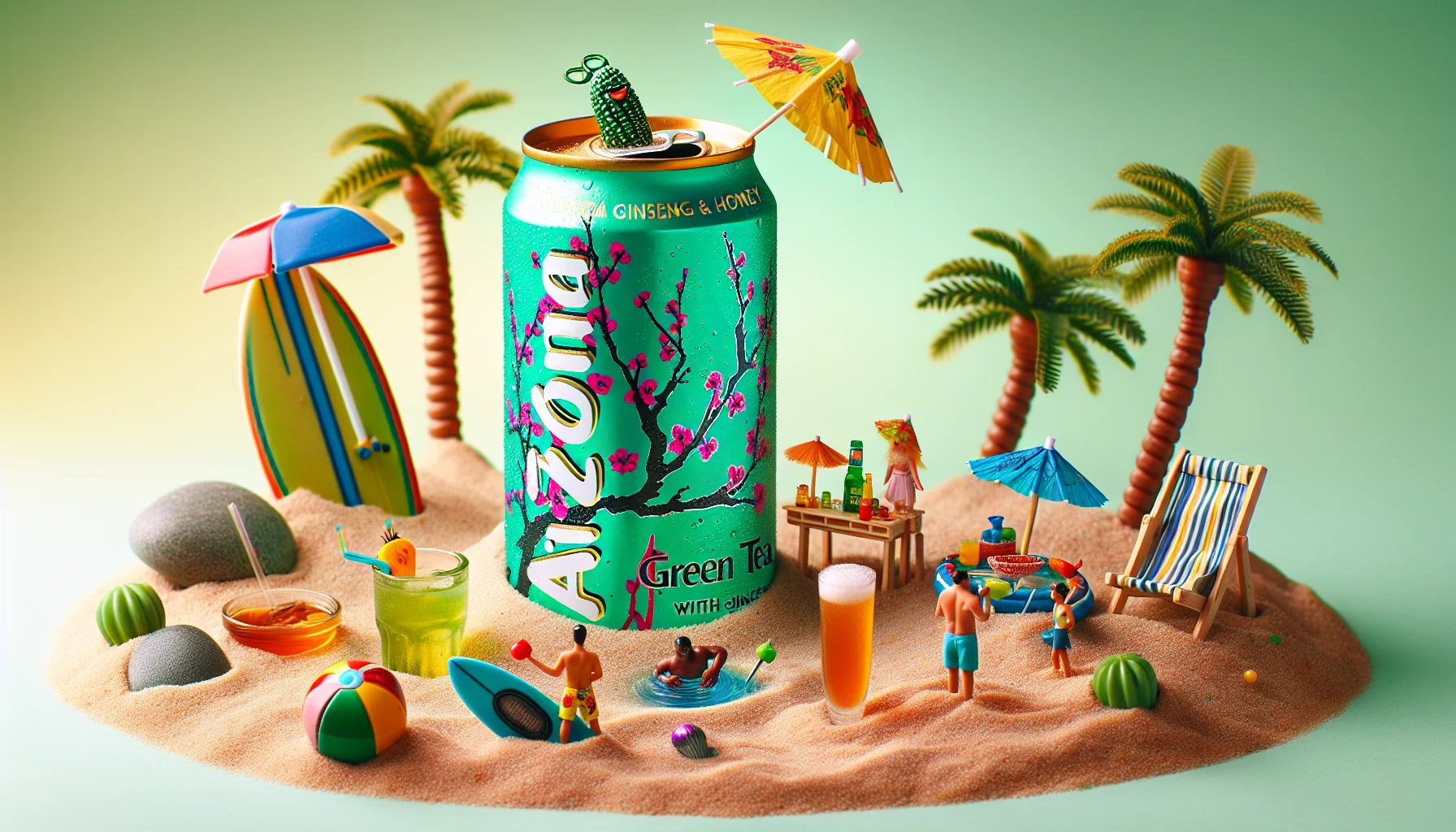 Create a humorous scene featuring a uniquely designed can of Arizona Green Tea with Ginseng and Honey. The can is interacting in a dynamic setting, such as hosting a miniature beach party on a sandy coast, complete with a small umbrella, a tiny surfboard, and vibrant, tropical cocktails around the can. Around it, there are other diminutive objects, like a beach ball and a paper fan, to emphasize the refreshing nature of the drink. The purpose is to revitalize individuals and encourage them to savor the beverage.