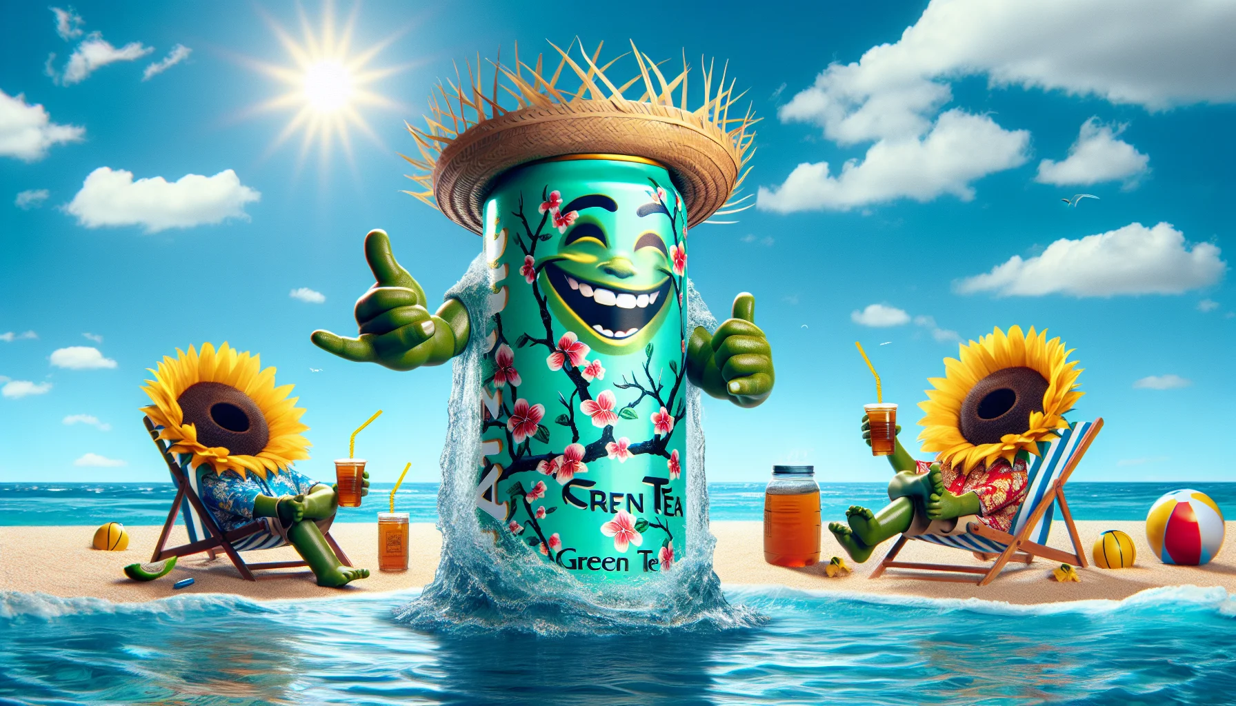 Create a humorous and enticing scenario featuring a large can of Arizona Green Tea. The can is anthropomorphized, wearing a pair of sunglasses and doing a cool surfer 'hang loose' gesture with one hand. It's riding a wave of refreshing liquid tea in a crystal clear ocean under a brilliant summer sun. Laughing sunflowers dressed in Hawaiian shirts and straw hats are lounging on beach chairs, sipping from straws directly attached to mini cans of Arizona Green Tea. The atmosphere should evoke fun, relaxation, and the refreshing nature of Arizona Green Tea.
