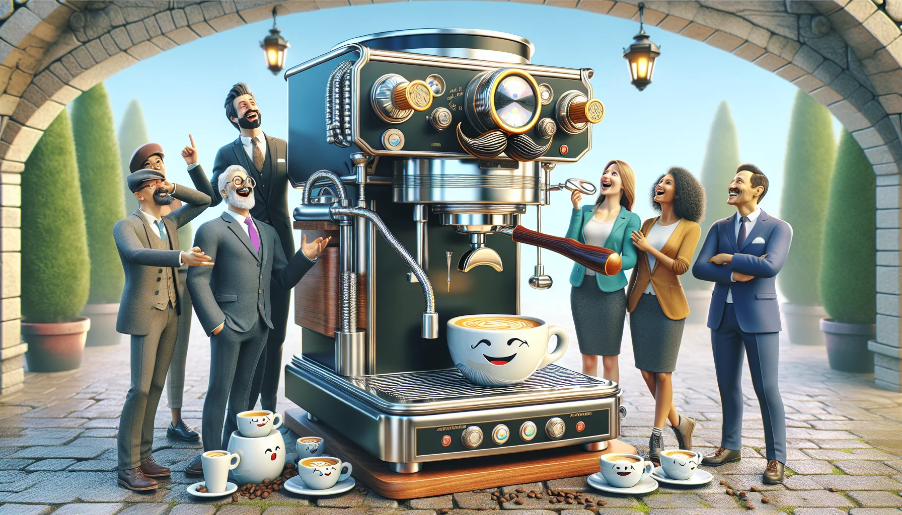 Create a detailed and realistic depiction of an automatic tamper espresso machine in an amusing scenario. The machine boasts a larger-than-life personality, donned with a mustache and monocle, as it brilliantly performs its task. There are cups of espresso around it with little smiley faces, exuding an air of satisfaction. On one side, a group of diverse people, consisting of a Caucasian man, a Hispanic woman, a Middle-Eastern man, and a South Asian woman, all utter expressions of surprise and delight. They stand in an enchanted coffee shop setup, enjoying the theatrics of this charming piece of machinery.