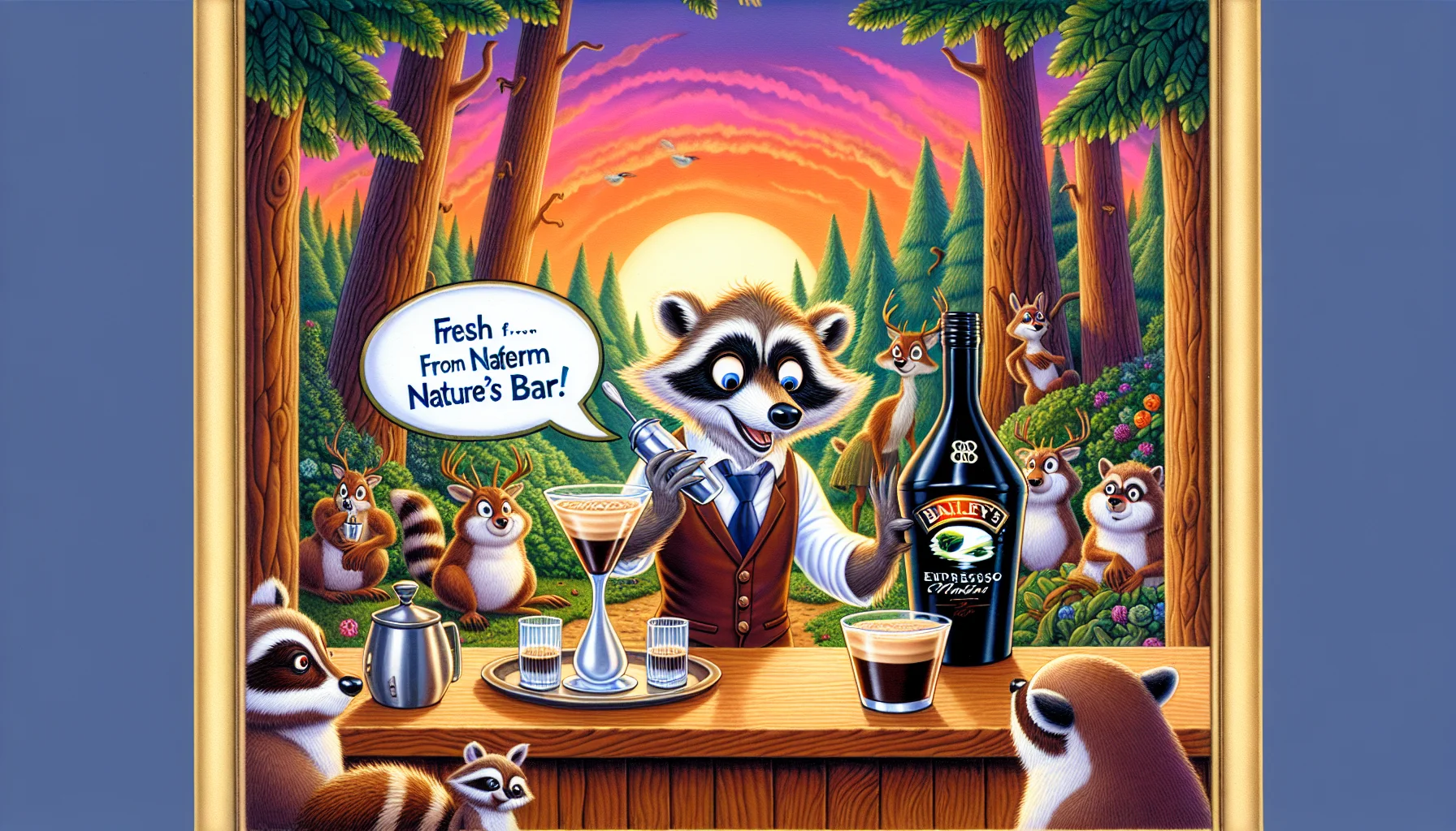 Imagine an amusing and enticing scenario that showcases a Bailey's Espresso Martini. Picturise a regally dressed cartoon raccoon, with a barista apron, expertly preparing this cocktail in a picturesque forest bar. With one hand, it shakes the cocktail shaker, and in the other, it holds a spoon dipped into a bottle of Bailey's Irish Cream. Word bubbles above the raccoon say, 'Fresh from nature's bar!'. Around, curious woodland creatures watch in awe, some even lined up with cocktail glasses. Behind, the setting sun paints a vibrant orange and pink background, bringing to life this enchanting woodland cocktail hour.