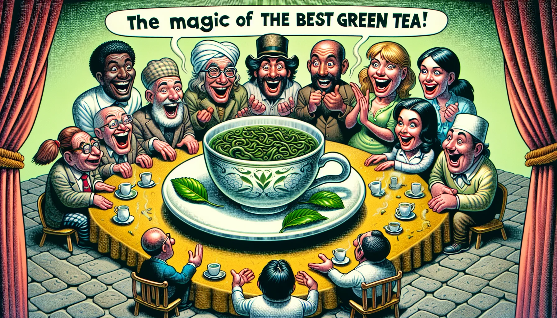 Show an image of a humorous and enticing scene at a tea party. A steaming cup of the finest green tea is placed on an eccentrically designed table. Various amused guests belonging to both genders and different descents such as Caucasian, Black, Hispanic, Middle-Eastern, and South Asian are pleasantly surprised by delightful floating tea leaves forming interesting and amusing shapes around the cup, suggesting the magic of the green tea. The atmosphere is jovial, light-hearted and infectious, encouraging everyone present to enjoy the experience of the best green tea.