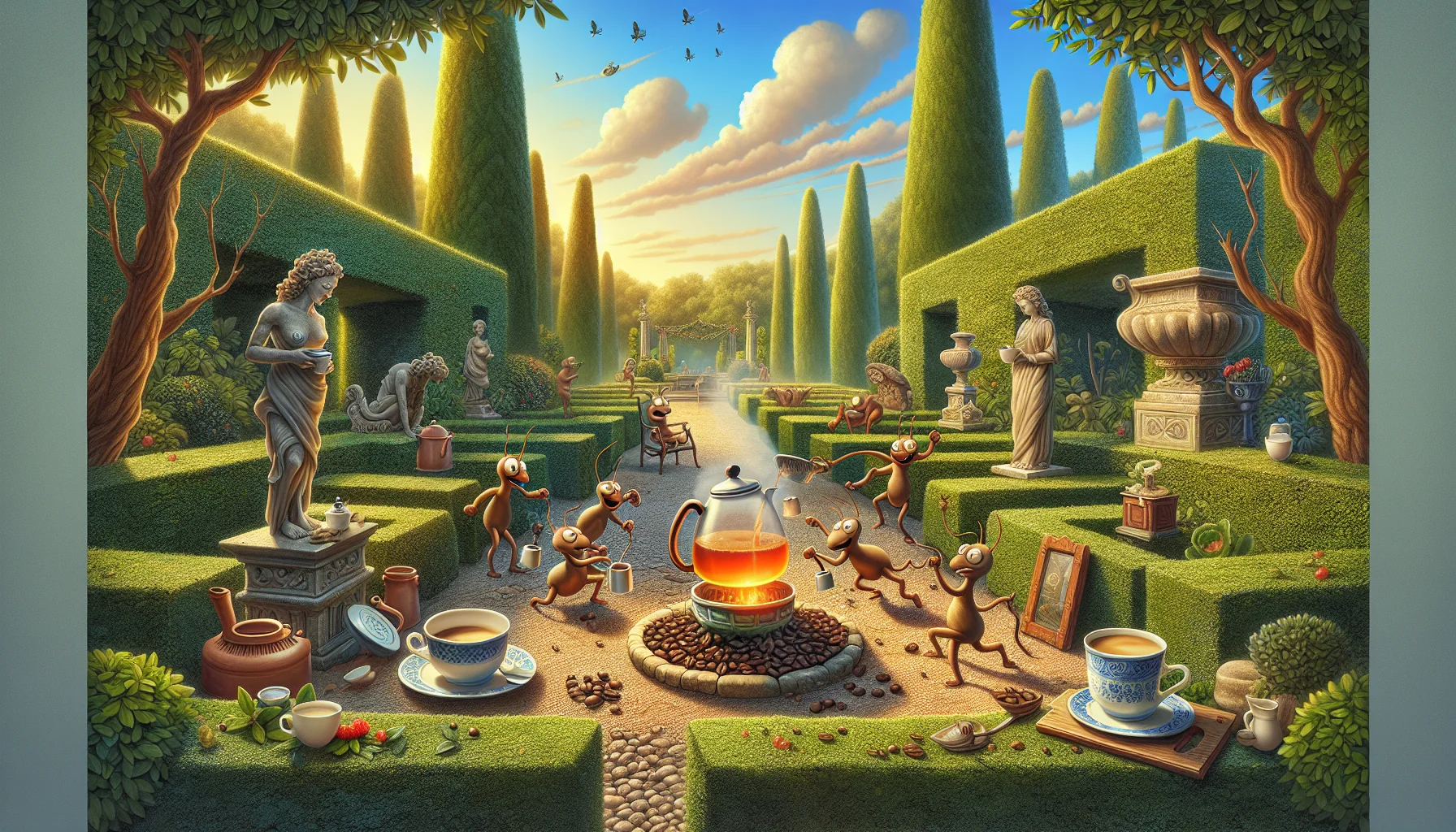 Create a lively and humorous depiction of a classic Tuscan garden, commonly known as 'Bianco Latte Giardini di Toscana'. The garden is bathed in the soft light of a sunny afternoon. Stone sculptures and manicured hedges lend the scene an air of tranquillity, while a whimsical situation unfolds. A group of animated tea leaves and coffee beans are partaking in a friendly brewing competition. Their amusing antics include a coffee bean trying to brew itself and a tea leaf attempting to stir a steaming kettle. Nearby, a welcoming arrangement of tea and coffee products beckons the viewer - exquisite tea cups, coffee mugs and fresh pastries.