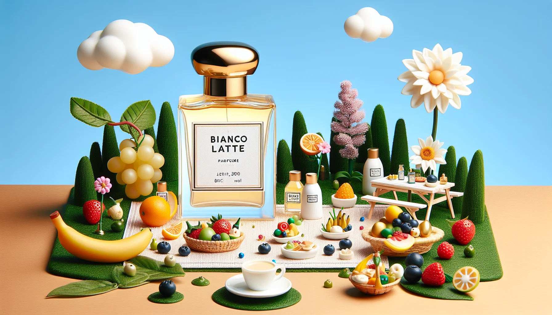 Create an engaging and humorous scene featuring a bottle of Bianco Latte perfume. In this setup, the perfume bottle could be enjoying a plush picnic in a garden, surrounded by small, delighted fruits and flowers as if they're in awe of its scent. The perfume could be occupying the middle of a tiny picnic blanket with dishes of delicacies that represents its notes, all under a clear blue sky. The overall setup should make viewers feel the perfume as an indispensable part of every fun scenario and suggest its captivating fragrance.