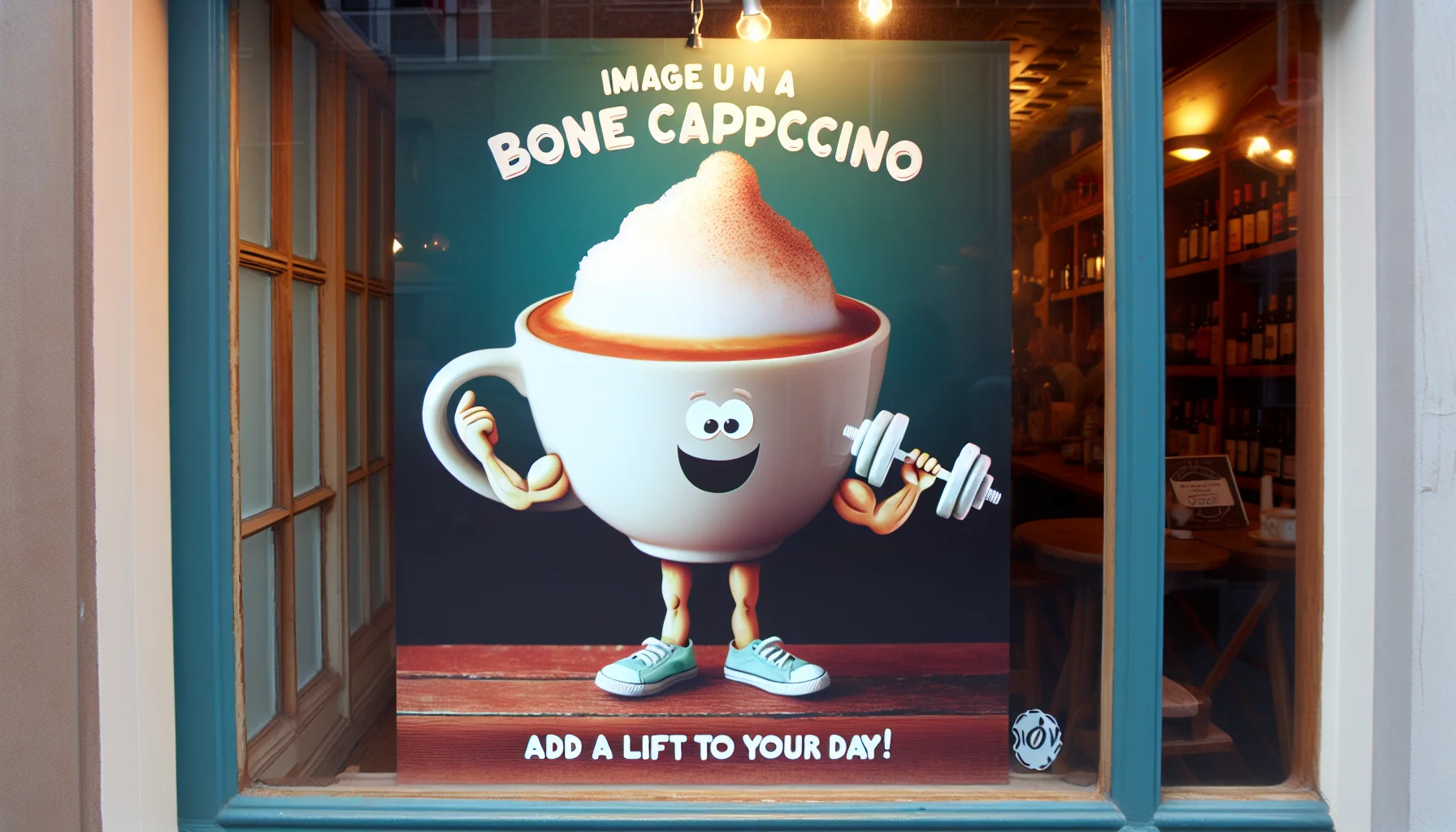 Imagine a lively scene taking place in a cozy and eclectic coffee shop. In the showcase window, there is a bone-dry cappuccino in a hilarious situation. It's shown as a cartoon character, quite cheerful with its foamy top resembling a curly white wig. It's striking a funky pose with its coffee cup body, lifting an imaginary barbell made of sugar cubes, exhuding an enthusiastic charm. The tagline below it says, 'Add a lift to your day!' This playful image sparks curiosity, laughter, and a shared appreciation of the simplicity and joy of coffee culture.