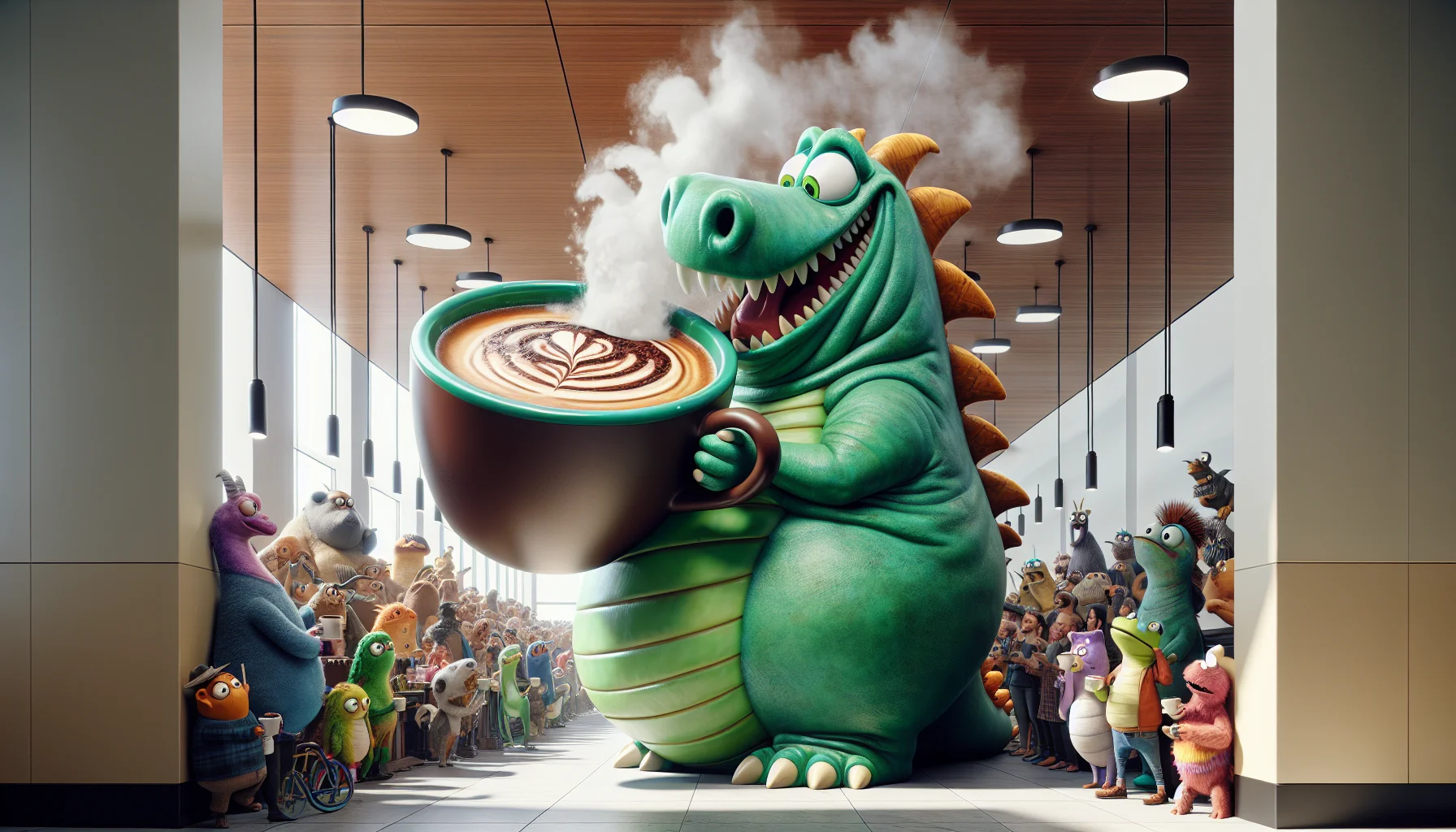 Create a vivid and realistic image that humorously encourages people to savor a breve latte. The scenario involves a plump and cheerful cartoon dragon, of a brilliant green hue, sipping on a frothy breve latte from a towering, oversized coffee mug. The dragon is situated in an ultra-modern, bustling coffee shop filled with imaginative creatures of different species, all lined up and visibly excited to get their own lattes. The dragon, wearing a goofy grin, is struggling to handle the mammoth size of the latte mug, causing puffs of smoke to escape from its nostrils in consternation.