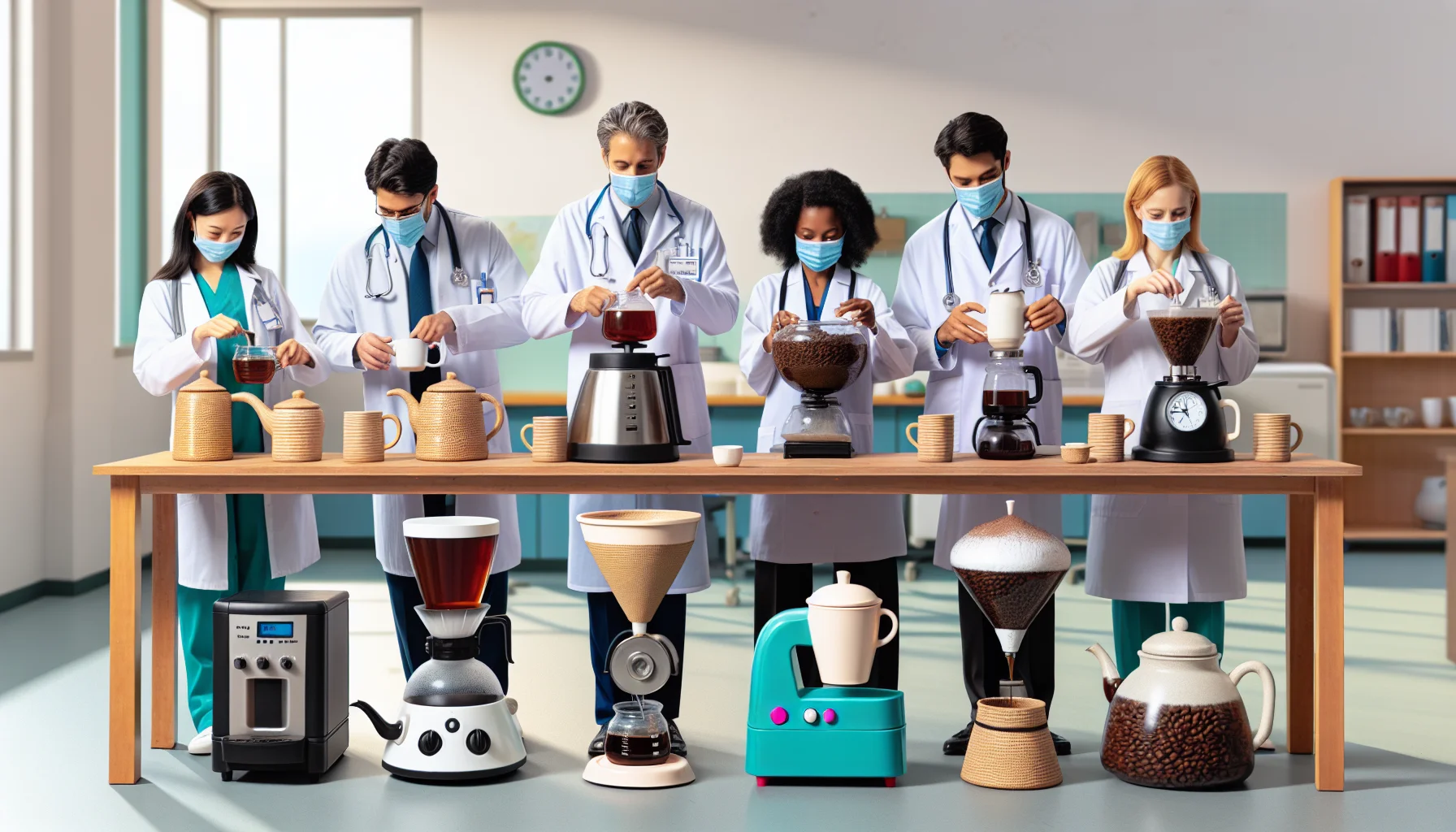 Generate a realistic image that depicts a lighthearted scenario about maintaining balance in Medical life by demonstrating brewing of tea and coffee. The scene should include medical professionals of diverse gender and descents in their work environment, each with their own tea and coffee brewing equipment. Include different varieties of tea and coffee products, and infuse some humor into it, maybe by accentuating the enthusiasm of these medical professionals for their chosen beverage, or by highlighting their quirky, individualized brewing methods.