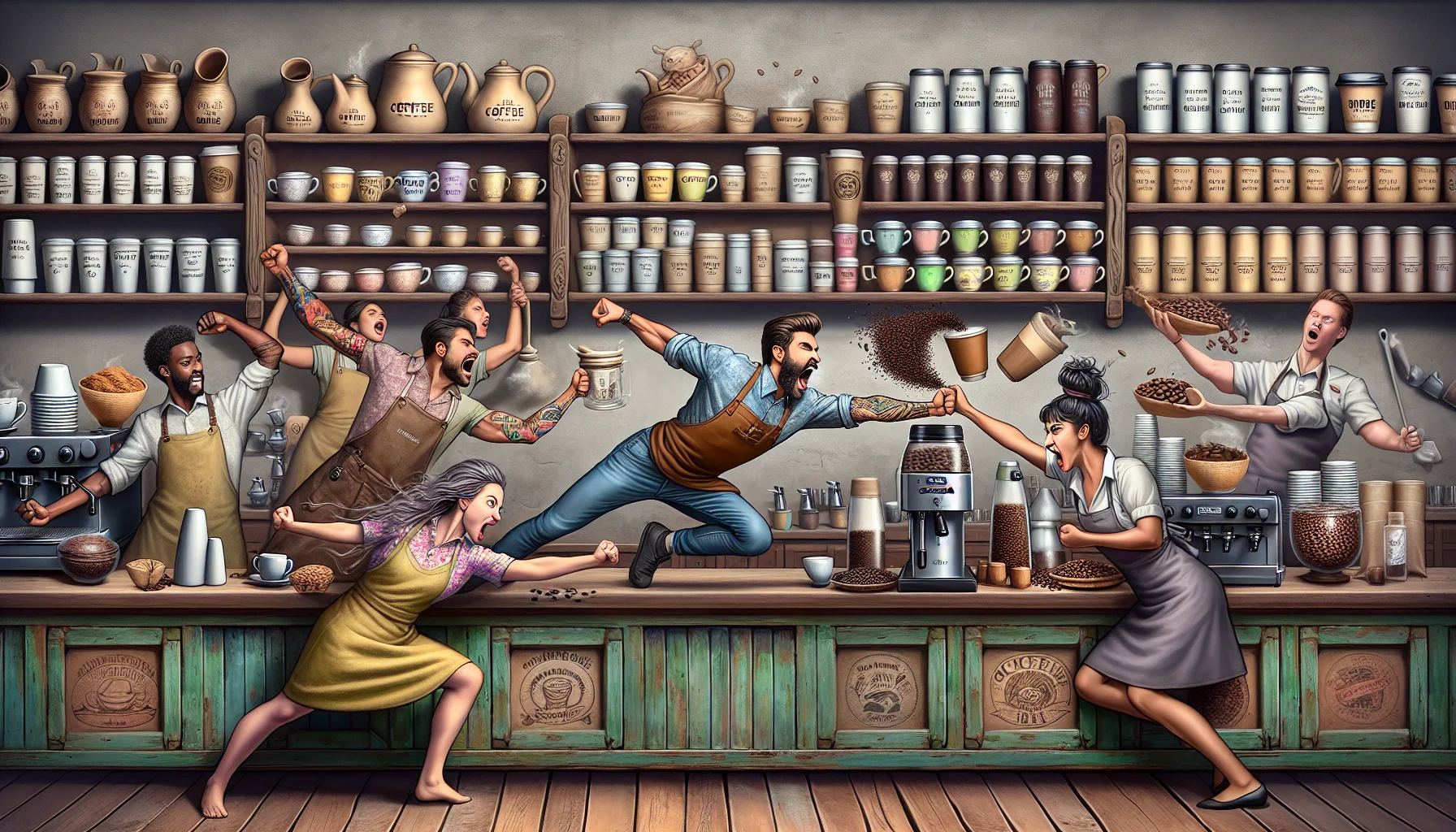 Create a detailed and vibrant image set in a lively local coffee shop named 'Coffee Bean'. Highlight an amusing scene where passionate baristas, one being a Caucasian male and the other a Hispanic female, are engaged in a playful competition, gracefully maneuvering around the compact space, brewing both coffee and tea with exaggerated enthusiasm. Include assorted tea and coffee products, each speckled with playful designs and labels, meticulously arranged on rustic wooden shelves. A humorous tone should be palpable through the facial expressions of the baristas and customers of varying descents and genders