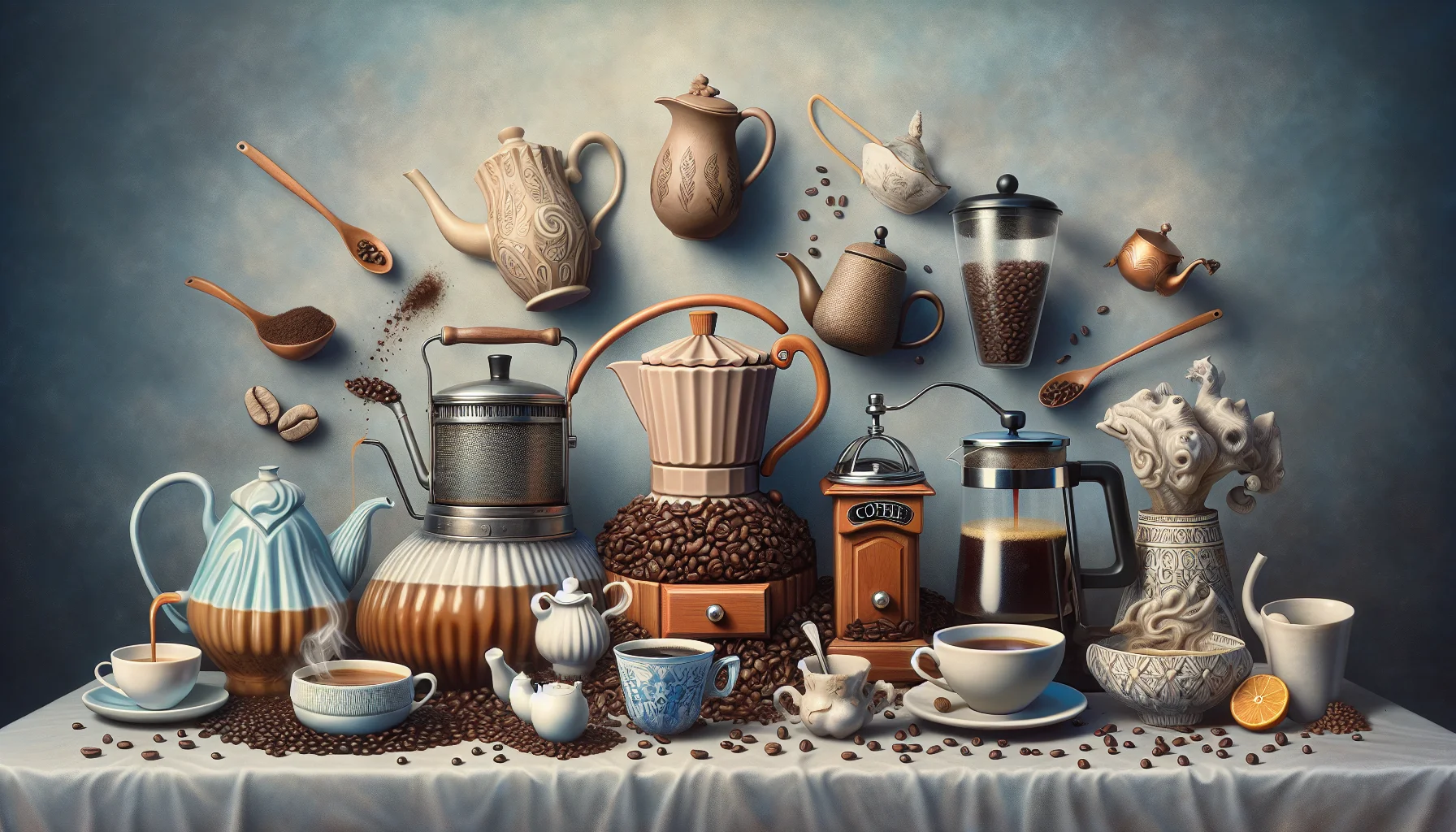 Generate a realistic image that showcases the concept of 'Brewing Faith Through Uncertainty'. Picture a whimsical and humorous scenario in which both tea and coffee brewing techniques are depicted. Imagine each process as metaphors for faith and uncertainty. Different tea and coffee products are scattered around - coffee beans, a traditional ceramic teapot, and a French press, each contributing to the charm and wit of the scene. The juxtaposition of these beverages - one traditionally calm and the other high-energy - amplifies the concept in an engaging, unique way.
