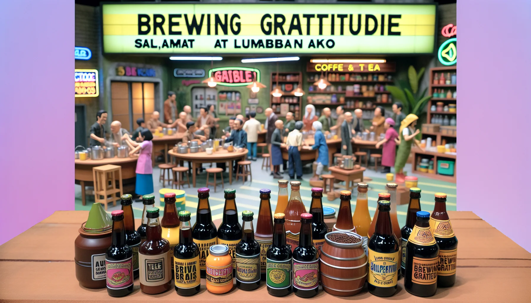 Create a humorous and realistic scenario featuring the concept 'Brewing Gratitude Salamat at Lumaban Ako'. The scene is a lively cafeteria bustling with activity where a variety of enticing tea and coffee brewing processes are being showcased. Bottles of different brews and unique coffee and tea products are in the foreground, featuring ingenious designs and amusing product names. The ambiance is filled with laughter and camaraderie, reflecting the spirit of brewing gratitude.