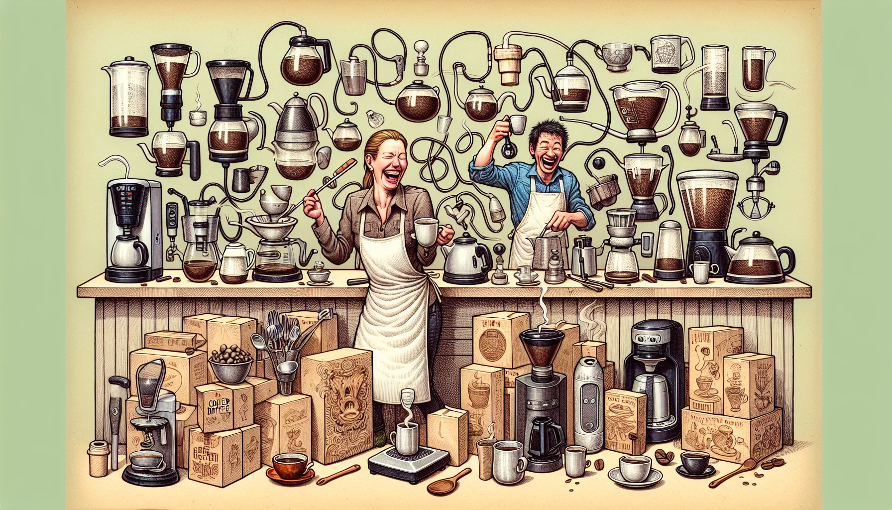 Draw a humorous and realistic scenario featuring countless ways of brewing coffee and tea. Visible should be a diverse array of traditional and innovative brewing methods, such as teapots, coffee makers, cold brew systems, and even some fantastical inventions. Thrown in the midst of this brewing madness, have a Caucasian woman in a barista apron, laughing while pouring a tea kettle into a mug, and a South Asian man who is unsure about how to use a uniquely designed coffee brewing device. Integrate packaging for a variety of fanciful tea and coffee brands on the shelves, tables, and counters.
