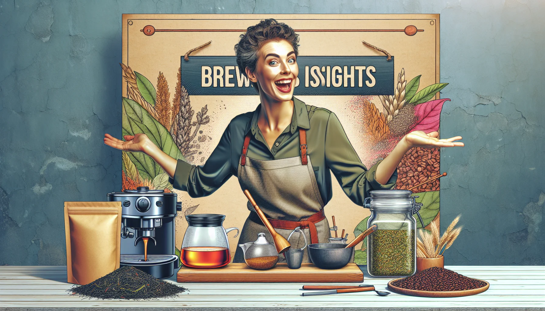 Create a realistic image highlighting vibrant insights into the art of tea and coffee brewing. Show an enthusiastic and humorous woman, who is skilled in her craft, as she enthusiastically demonstrates different brewing methods and products. She has short curly hair, wearing a barista apron, and is surrounded by various tea leaves and coffee beans, as well as brewing equipment. A sign in the background reads 'Brewing Insights'.