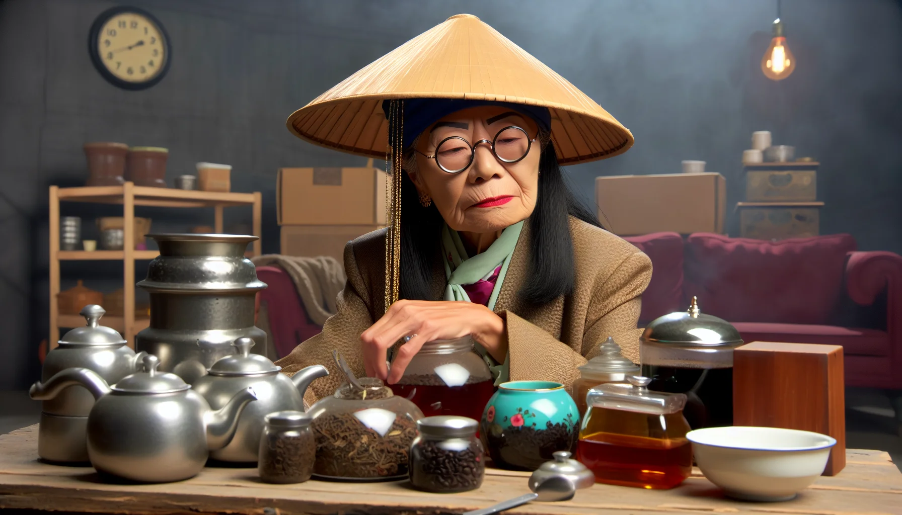 Create a realistic image of a funny scenario featuring a middle-aged Asian woman humorous persona, identified as Kakay Espiritu- a similar figure, engaged in enticing activities related to tea and coffee brewing. The scene should highlight a wide array of brewing products and the atmosphere of wisdom surrounding the realm of brewing. Note: Nobody involved in the scene should bear resemblance to any specific real-life individuals.