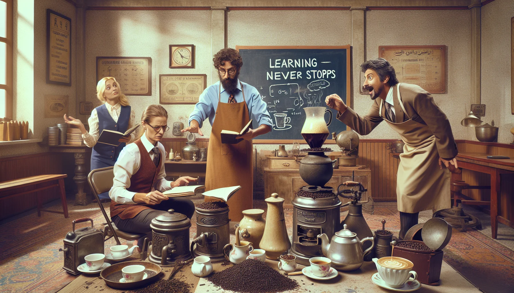 Compose a humorous, detailed scene of an ongoing brewing lesson. The classroom is rustic, filled with various vintage brewing equipment for both tea and coffee. A chalkboard in the background reads, 'Learning Never Stops'. A Caucasian woman is attentively following the instructions of a Middle-Eastern man demonstrating the art of tea brewing, while a Hispanic man stumbles upon an overly frothy coffee latte he just brewed. The room is scattered with tea leaves, coffee beans, porcelain cups and cafetières. The atmosphere is chaotic yet joyful signifying the excitement of learning.