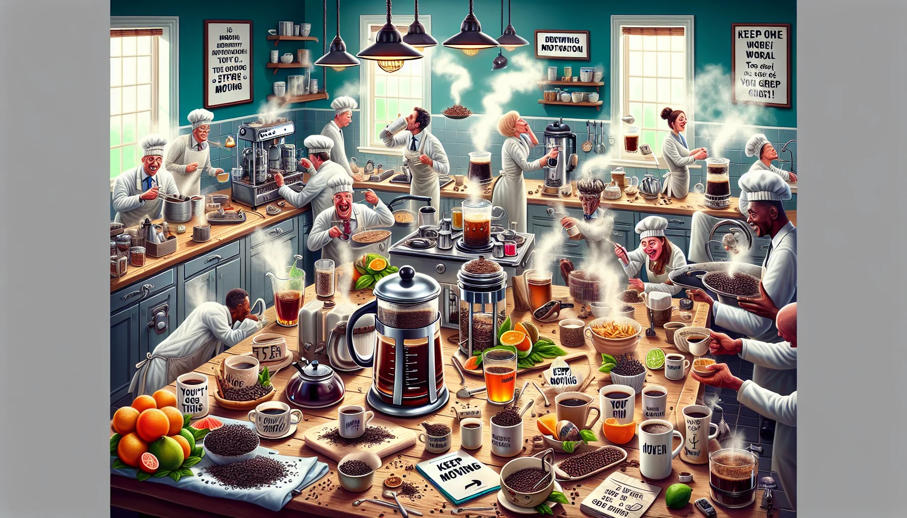 Create a humorous scene revolving around the concept of 'Brewing Motivation, Keep Moving'. Picture a busy kitchen filled with all kinds of tea and coffee brewing equipment: a kettle boiling vigorously, a French press coffee maker freshly filled, bags of premium tea leaves and exotic coffee beans scattered around. There are numerous mugs of different shapes and sizes, filled to the brim with delicious hot drinks. Imagine steam rising from the mugs, taking the shape of motivational quotes like 'Keep Going', 'You've Got This' and so on. People from different descents and genders are there, laughing and sipping from their mugs while preparing more beverages. The enticing aroma fills the air, creating a lively atmosphere.