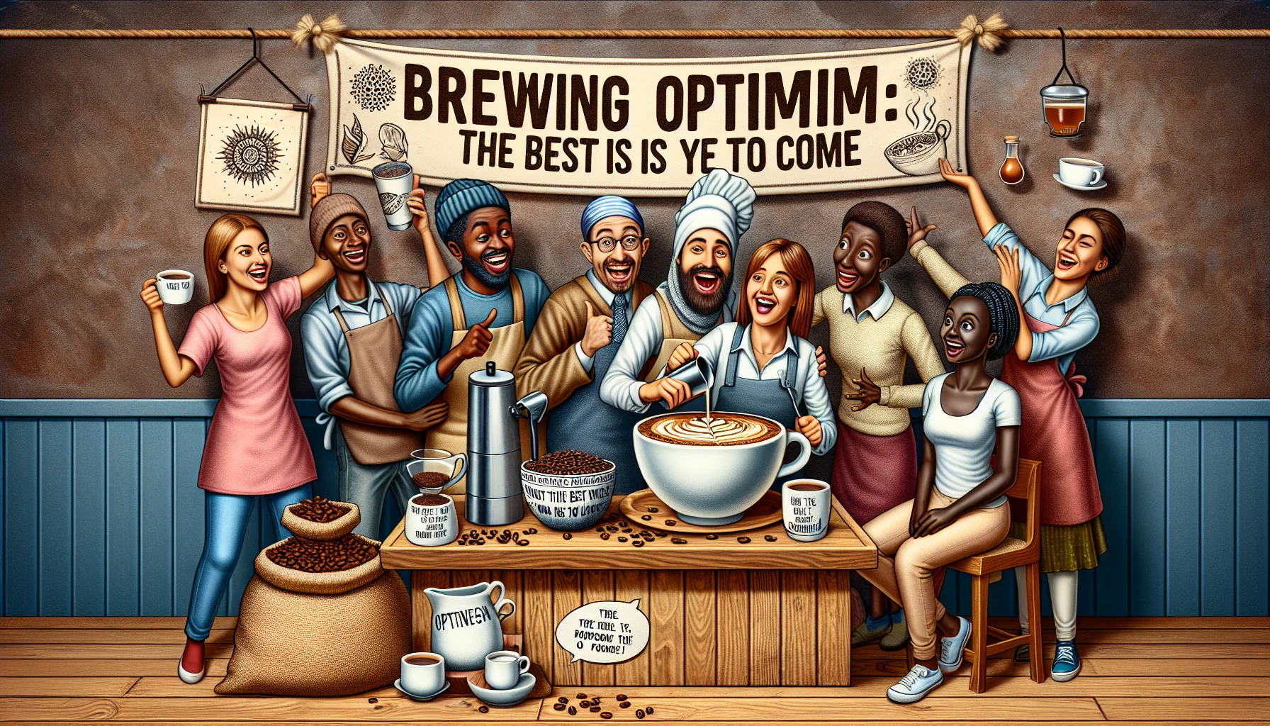 Picture a humorous scenario encompassing the message 'Brewing Optimism: The Best Is Yet To Come'. It's a small, cozy café with a diverse group of customers. A Middle-Eastern female barista is creating an intricate latte art depicting 'The Best Is Yet To Come'. Next to her, an African male barista is brewing an exotic tea with a playful grin. The diverse customers representing various descents and genders enthusiastically wait, each with their own unique coffee mugs featuring funny quotes about optimism. Coffee bean sacks and a tea leaf basket embossed with 'Brewing Optimism' are seen in the backdrop.
