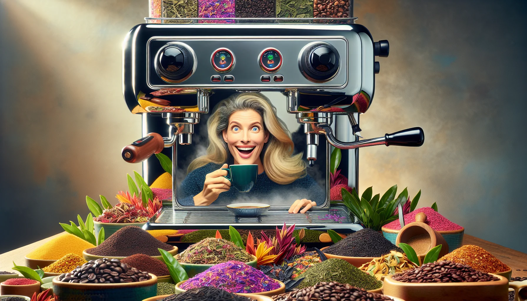 Create a humorous scenario centered around tea and coffee brewing. In this scene, a woman who has a similar physique to a well-known blogger is being reflected in the shiny surface of a giant espresso machine. Her experience in brewing and her excitement for the products are evident. She's surrounded by a variety of colorful tea leaves and aromatic coffee beans, causing an enticing cacophony of scents in the air.