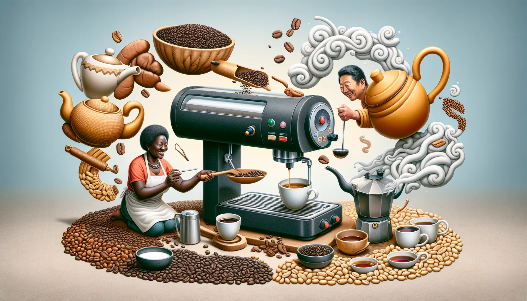 Create an amusing, realistic scene where life is metaphorically brewing into a masterpiece. In the foreground, an African woman is meticulously brewing coffee with an espresso machine, displaying a sense of mastery over her craft. Nearby, an Asian man is carefully preparing tea using a traditional teapot, his movements skilled and precise. The background is filled with an array of tea and coffee products arranged in a quirky manner - coffee beans form a smiling face and tea leaves shape a playful heart, creating an enticing atmosphere that mirrors the levity of life.