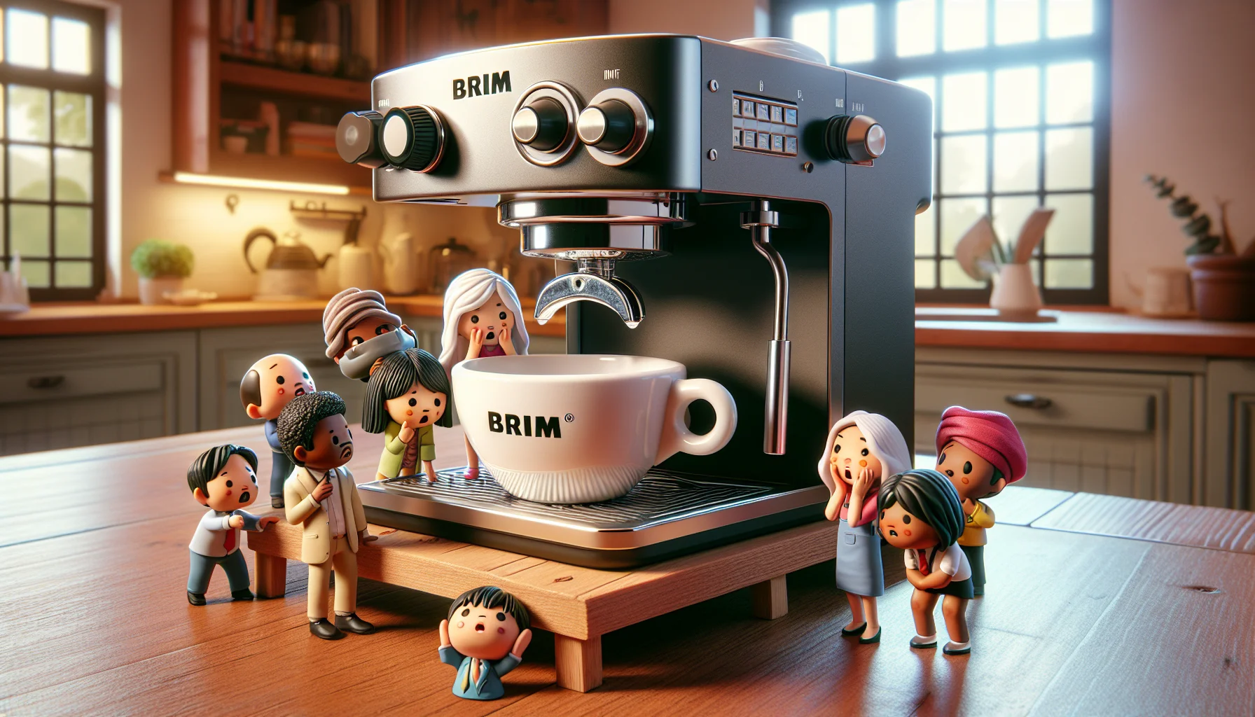Create a lively and humorous image, showcasing a brim espresso machine upside down on a three-legged wooden table. To further entice people to enjoy, let's see a group of mini-cartoon characters try to figure out how to operate this gigantic machine for them, with comic expressions of bewilderment. Some characters are South Asian women, some are Caucasian men while others are black children. The setting is in a cozy kitchen, with sunlight streaming through a window and casting a warm glow on the espresso machine.