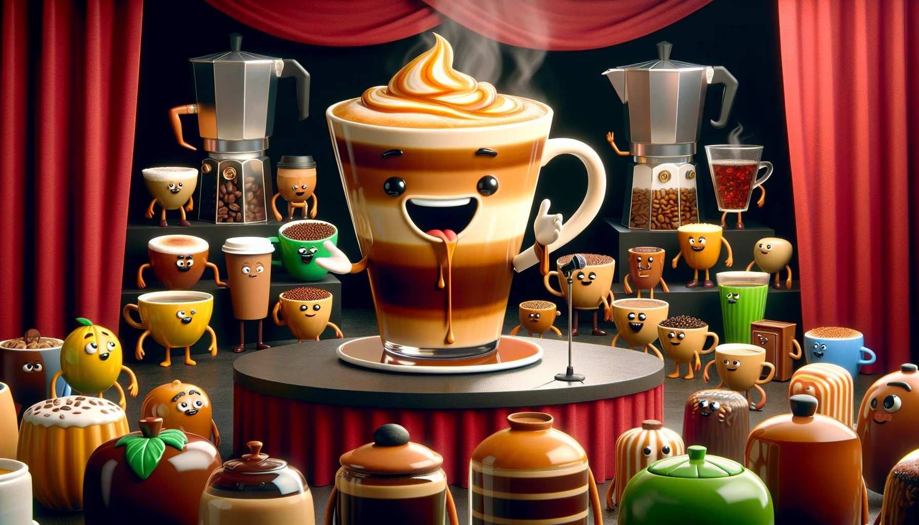 Create a comical yet realistic digital art piece representing a steaming mug of caramel cappuccino. This mug should be anthropomorphised with expressive features and mimicking a charismatic salesperson on a mini stage. Around it are a diverse crowd of various other anthropomorphised hot beverage choices, including a green tea, English breakfast tea, spiced chai, black coffee and even a cup of hot chocolate. These characters look amazed and won over by the charismatic presentation of the caramel cappuccino. The setting is akin to a classic coffee and tea brewing station styled as a theatre stage, filled with various brewing apparatus and coffee-bean and tea-leaf showcases.