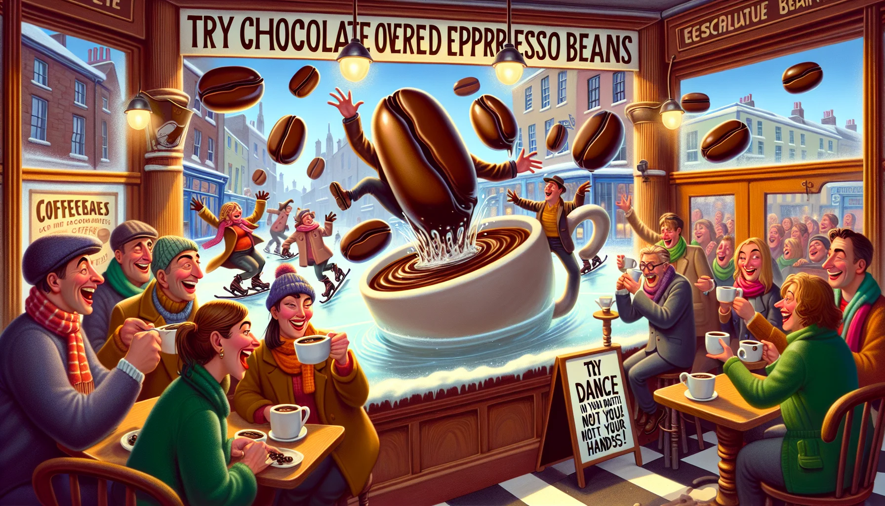 Create an image of a whimsical cafe scene that's designed to entice people to enjoy chocolate covered espresso beans. In this scene, a group of people of various descents and genders are jovially partaking in coffee drinks. Overhead, an exaggerated display shows gigantic chocolate-covered espresso beans skating around on mugs of steaming coffee as if they're icy ponds. A sign nearby humorously suggests 'Try our lively beans - they dance in your mouth, not your hands!' The vibe is cozy and warm, matching the rich colors of the chocolate and the espresso beans.