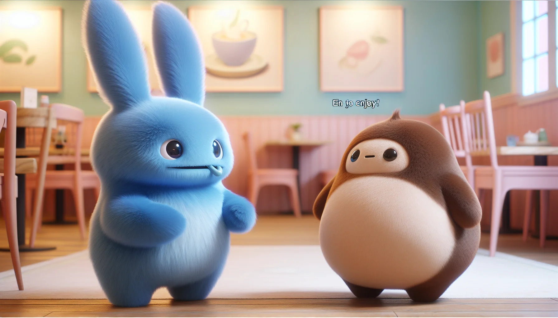 Create a realistic image showcasing a small, fluffy blue creature with long ears and a plump, round creature in brown, engaging in a humorous scenario that encourages people to enjoy. The blue creature seems to constantly bite its own tail forming an 'O' shape and seems innocent yet energetic, while the brown creature seems to carry a relaxed and calm demeanor with cutely droopy ears. The setting is an inviting, pastel-themed cafe with soft colors.