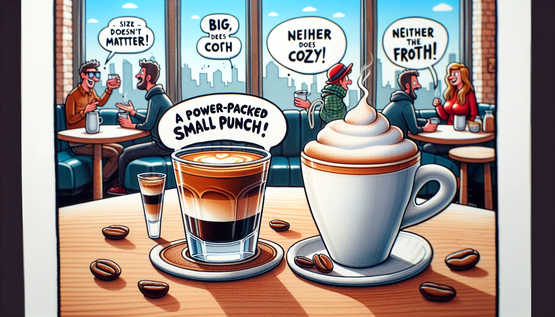 Create a humorous, realistic scenario illustrating the comparison between a cortado and a cappuccino. On the left side, depict a cortado coffee - a small transparent glass filled with equal layers of espresso and warm milk, the glass should be on a tiny coaster with a cheeky tag saying 'A power-packed small punch'. On the right side, draw a cappuccino - a large white porcelain cup filled with 1/3 espresso, 1/3 warm milk and 1/3 frothed milk, along with a playful tag saying 'Big, frothy and cozy!' Both drinks sit on a table with two cartoonish speech bubbles depicting an amusing chat between them. The cortado says, 'Size doesn't matter!' and the cappuccino responds, 'Neither does the froth!'. In the background visualize a stylish cafe atmosphere enticing people to enjoy their beverages.
