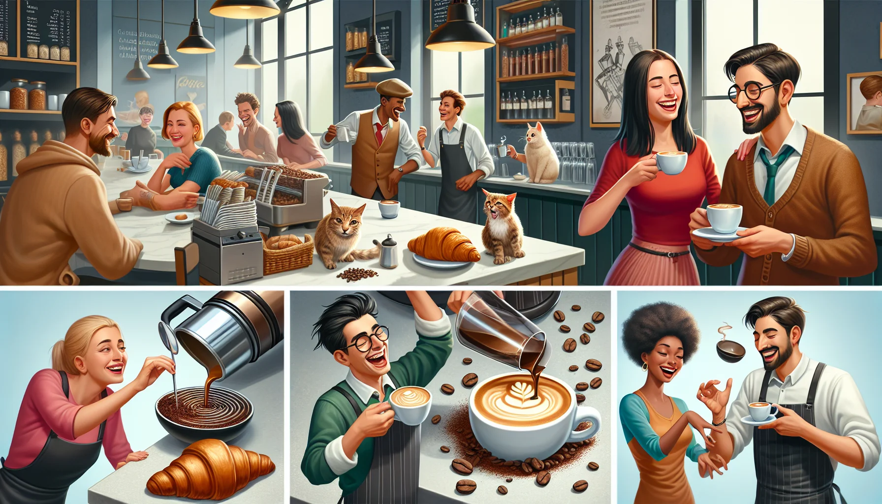 Create a realistic and playful scene set at an upscale and charming espresso bar. It is bustling with people of varying genders and descents, such as a Caucasian woman savouring her latte in the corner, a Middle-Eastern man laughing heartily with his freshly brewed espresso, and a Black female barista confidently crafting the next order. Humor comes alive through a mischievous cat trying to steal a croissant, an accidental coffee spill evolving into a coffee-art creation, and animated coffee beans preparing their own tiny cups of espresso, enticing onlookers to partake in the joy and taste of quality coffee.