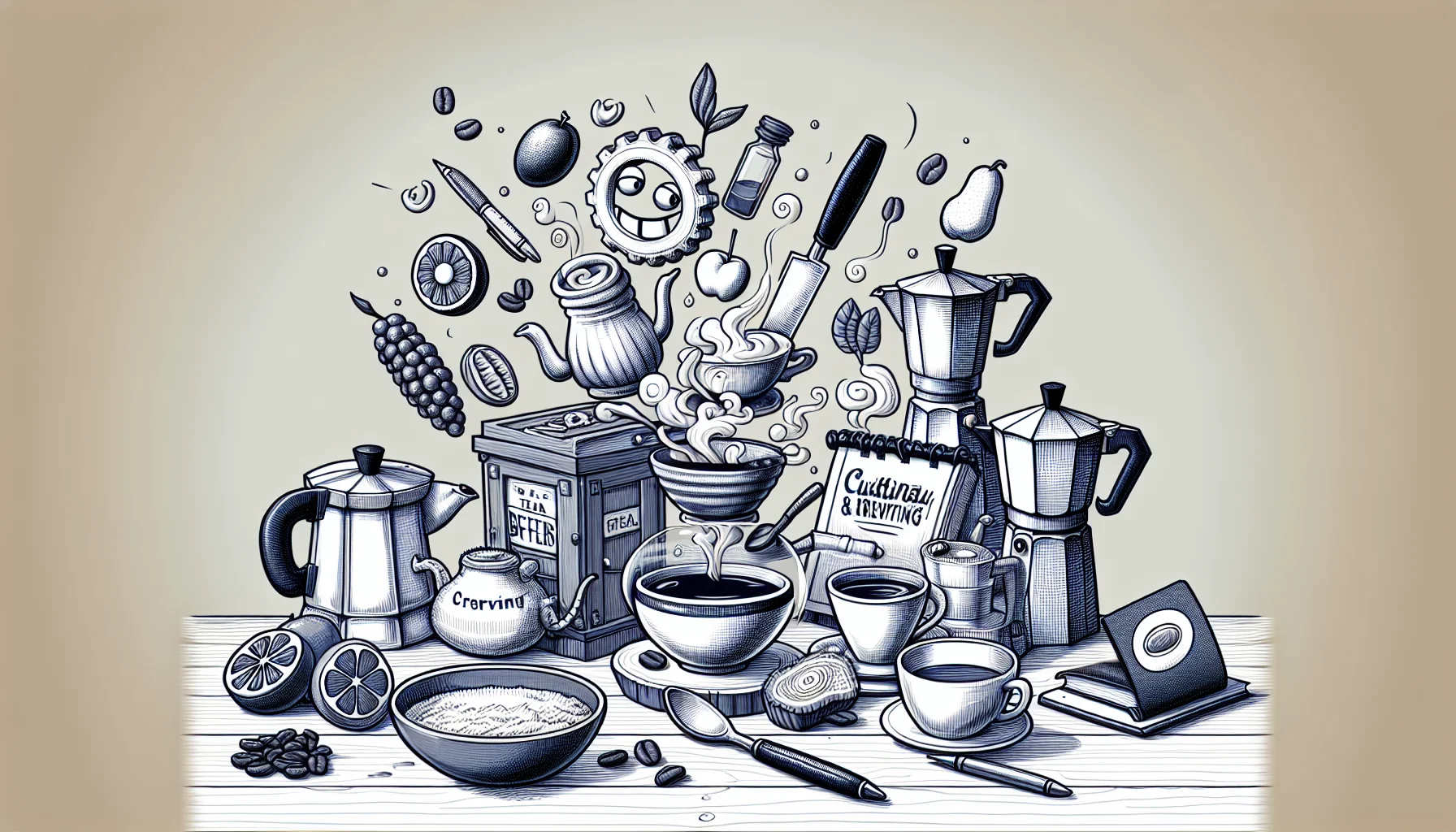 Create a humorous and enticing representation of a 'Culinary Brews: A Food Writing Workshop'. Within this playful scene, there should be an evident focus on the preparation and appreciation of tea and coffee. In the image, there should be a variety of interesting items related to tea and coffee brewing. It should be evident that they are used in the context of a writing workshop exploring food and beverages. The atmosphere should be inviting and filled with joy to show the interactive nature of the workshop.