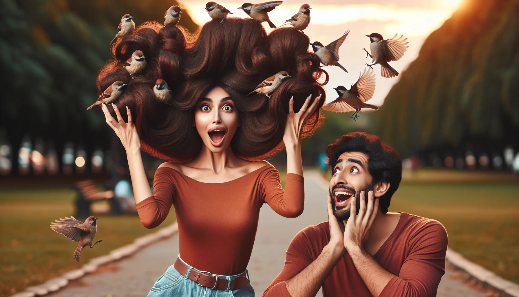 Create a lively and humorous scene of a park, where a Middle-Eastern woman with dramatic, voluminous, dark mocha brown hair amusingly finds her hair forming a stronghold for playful birds. Briefly distracted from feeding the birds in her hands, she exhibits a delightfully surprised expression to a passerby, a South Asian man, who is struggling to contain his laughter. Note the warm tones of the sunset in the backdrop, casting a gentle glow on the duo and the birds, enhancing the enchanting spectacle. Both persons are casually dressed suggestive of a relaxing day off.