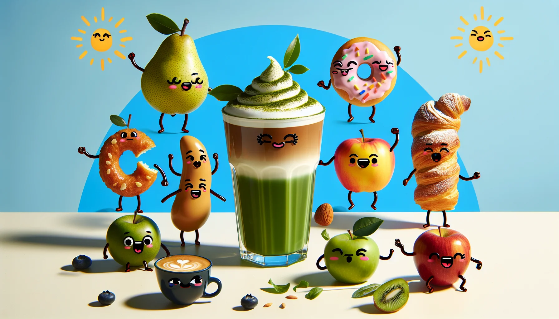 Imagine this: An aesthetically pleasing dirty matcha latte in a tall glass with layers of artisanal almond milk and rich, green matcha tea, topped with barista-style latte art. The latte is playfully surrounded by five different animated styles of fruit and bakery items, all with eyes, arms, and legs. They're animatedly enticing potential drinkers to join in the fun: A South-Asian woman pear doing a lively dance, a Black man donut laughing heartily, a Hispanic woman apple clapping energetically, a Caucasian man croissant taking a bow, and a Middle-Eastern woman blueberry doing a high kick. Behind, a cheerful sunshine peeks through a baby blue sky, adding to the inviting ambience.