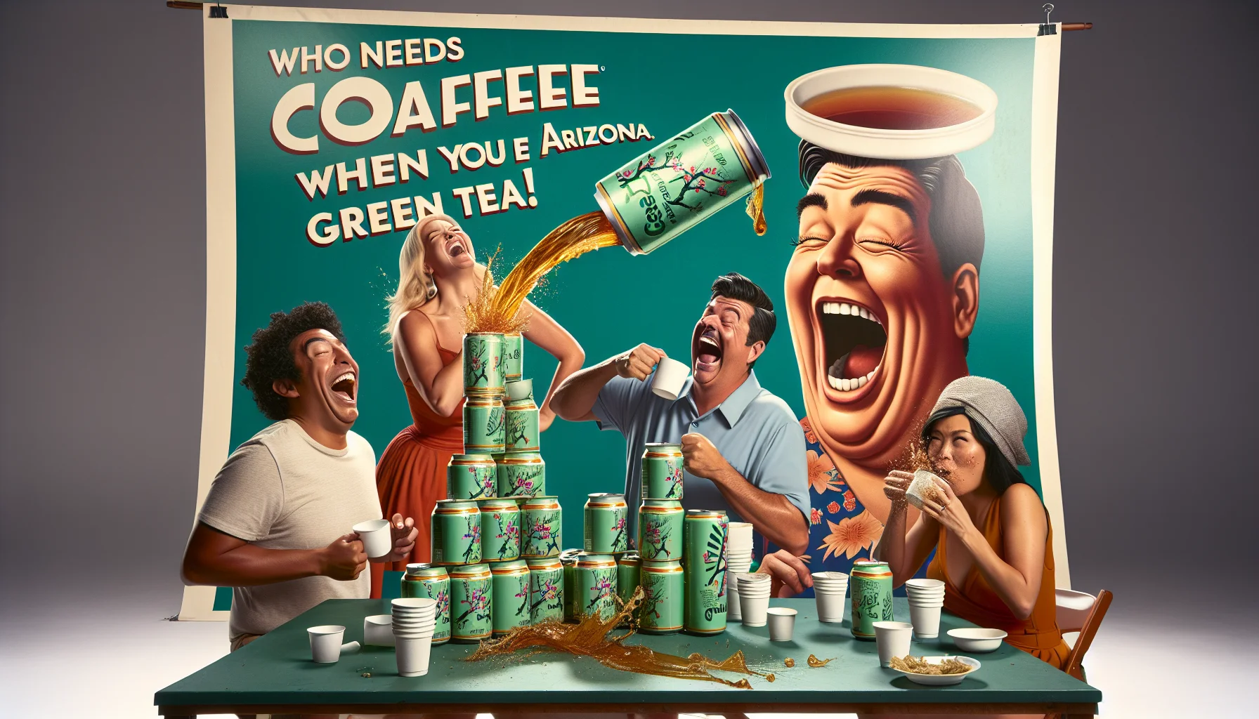 Envision an amusing scene that encapsulates the idea of 'Arizona Green Tea' and its caffeine content. Picture a lively party with a towering stack of green tea cans being enjoyed by a diverse group of people - a Hispanic man laughing mid-sip, a Caucasian woman playfully squinting her eyes, perhaps due to the caffeine kick, and a Middle-Eastern man pouring tea into recyclable cups with an exaggerated wide-eyed expression of surprise. In addition, envision an oversized humorous banner draped in the background, reading: 'Who needs coffee when you have Arizona Green Tea!'