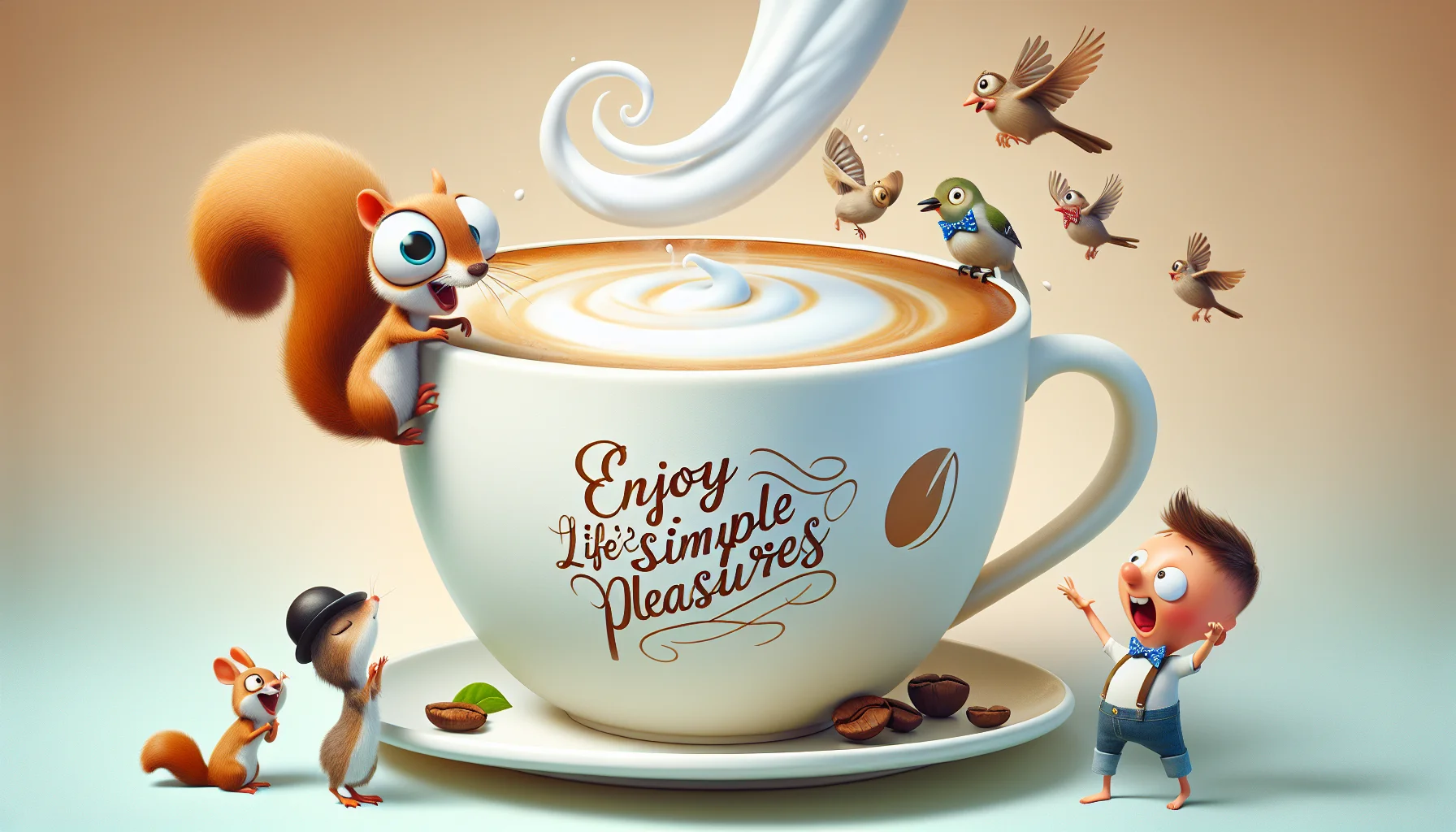 Create a humorous, inviting image featuring an oversized, frothy latte in a classic, round, white ceramic cup. The cup has 'Enjoy Life's Simple Pleasures' written beautifully in cursive along the side, meanwhile, a comical scenario is taking place around it. A cartoonish squirrel with a wide-eyed expression, wearing suspenders and a bowler hat, is trying to climb the cup for a sip of the latte. A couple of tiny birds sporting bow ties are flapping excitedly around the spiraling steam, giving a dove peace sign with their wings, signifying the universal love for coffee.