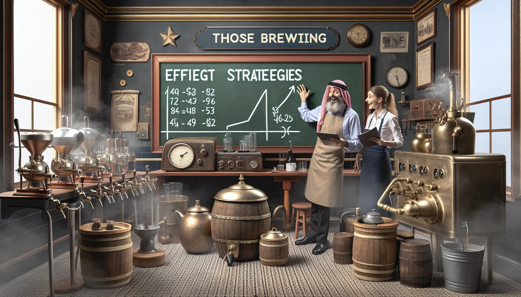 Create an image representing a humorous scene featuring efficient budget strategies for those brewing. The scenario takes place in a tea and coffee brewing facility, with projecting visuals of brewing equipment, a range of coffee and tea products, and brewing resources. The decor should be of mid-19th-century European style, and employees in the scene comprise of a Middle Eastern male brewmaster instructing a Caucasian female apprentice on budget-saving techniques, both with expressions of surprise and laughter at a huge calculation error on the chalkboard. This prompts for a realistic touch to the image.