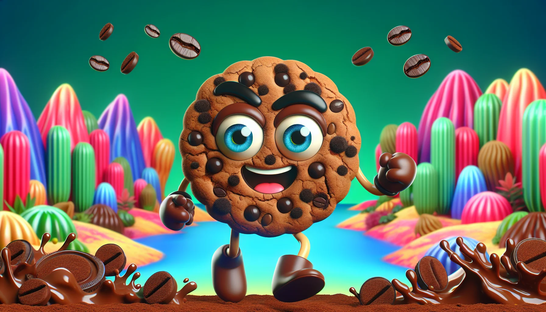 Generate an image of a chocolate-colored anthropomorphic cookie character with espresso shots as their eyes and cocoa dust as eyebrows. They are doing a funny dance in a vivid landscape with candy plants and coffee rivers, prompting joy and the sense people to enjoy themselves.