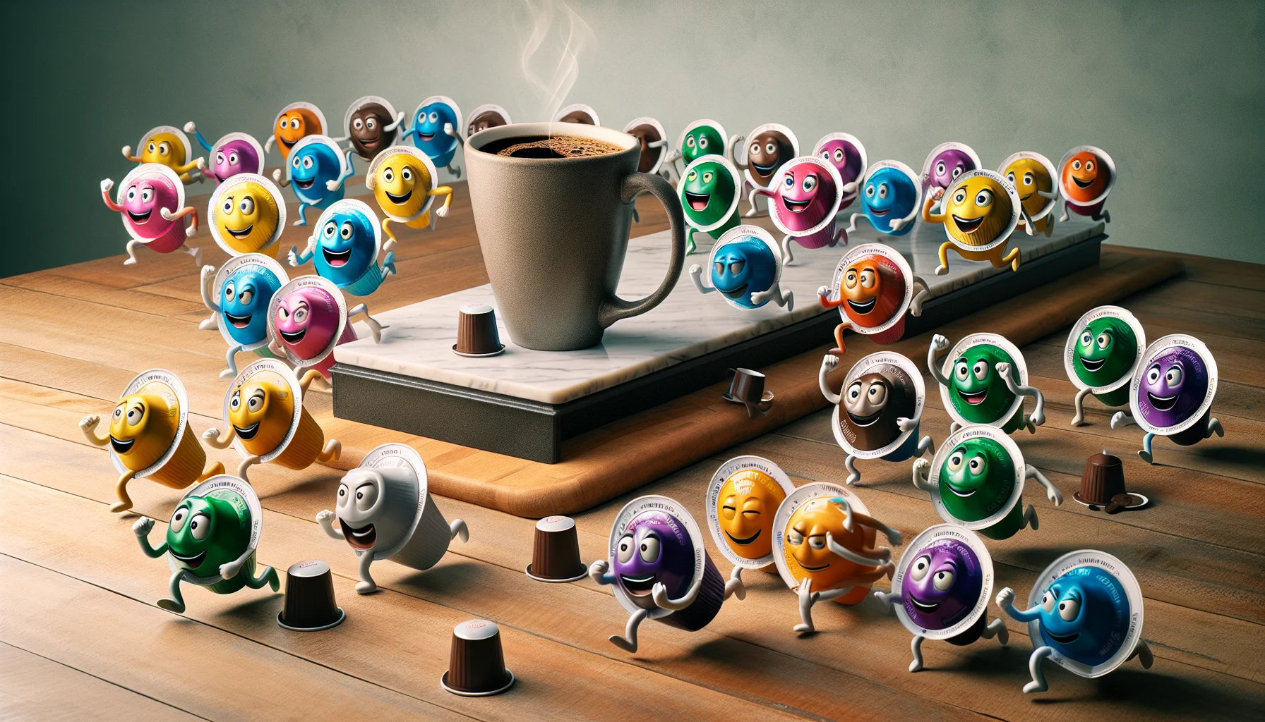 Create a humorous visual narrative that adds a touch of whimsy to the everyday ritual of making espresso through Keurig pods. In this picture, imagine a group of anthropomorphic Keurig pods, each emanating a vivid hue representing its unique flavor. They're all engaged in a friendly relay race on a kitchen counter, sprinting past a coffee mug acting as the finishing point. Some are tipping over near the finish line, their faces showing comic surprise, while others are cheering with determination. This surreal yet inviting scene is a playful nod to the enjoyable process of choosing and brewing the perfect espresso pod.
