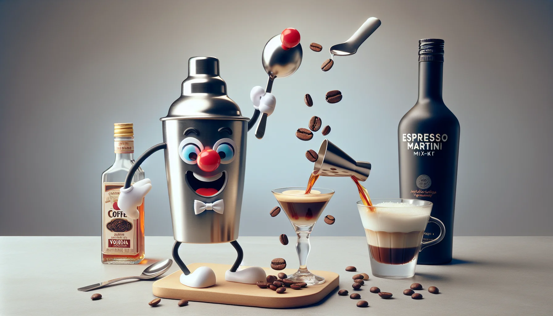 A creative and amusing scenario consists of an espresso martini mix-kit that has become animated. The kit includes a playful cocktail shaker wearing a clown nose and a bow tie, joyfully shaking as it prepares the cocktail. Beside it, stands a bottle of coffee liqueur and vodka, both smirking as they pour themselves into the shaker. The spoon triumphantly stirs the cocktail, while the espresso beans jump into the cup, as if they were diving into a pool. The scene embodies a lively atmosphere, making it an inviting and fun situation for people to engage with and enjoy making their espresso martini.