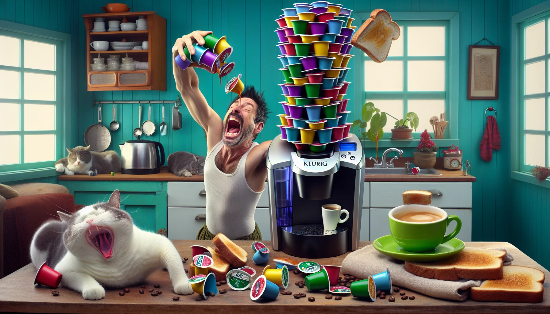 Imagine a humorous yet enticing scenario where a caucasian male is struggling to balance an impossibly tall stack of multicoloured espresso pods for a Keurig coffee machine in one hand, while the other hand attempts to steady a lopsided cup of espresso. The setting is a quirky kitchen with retrod design. The background is filled with laughter-provoking elements like a snoring cat sprawled on the countertop, a piece of toast flying out of a toaster, and a vibrant green potted plant that has grown way out of its pot.