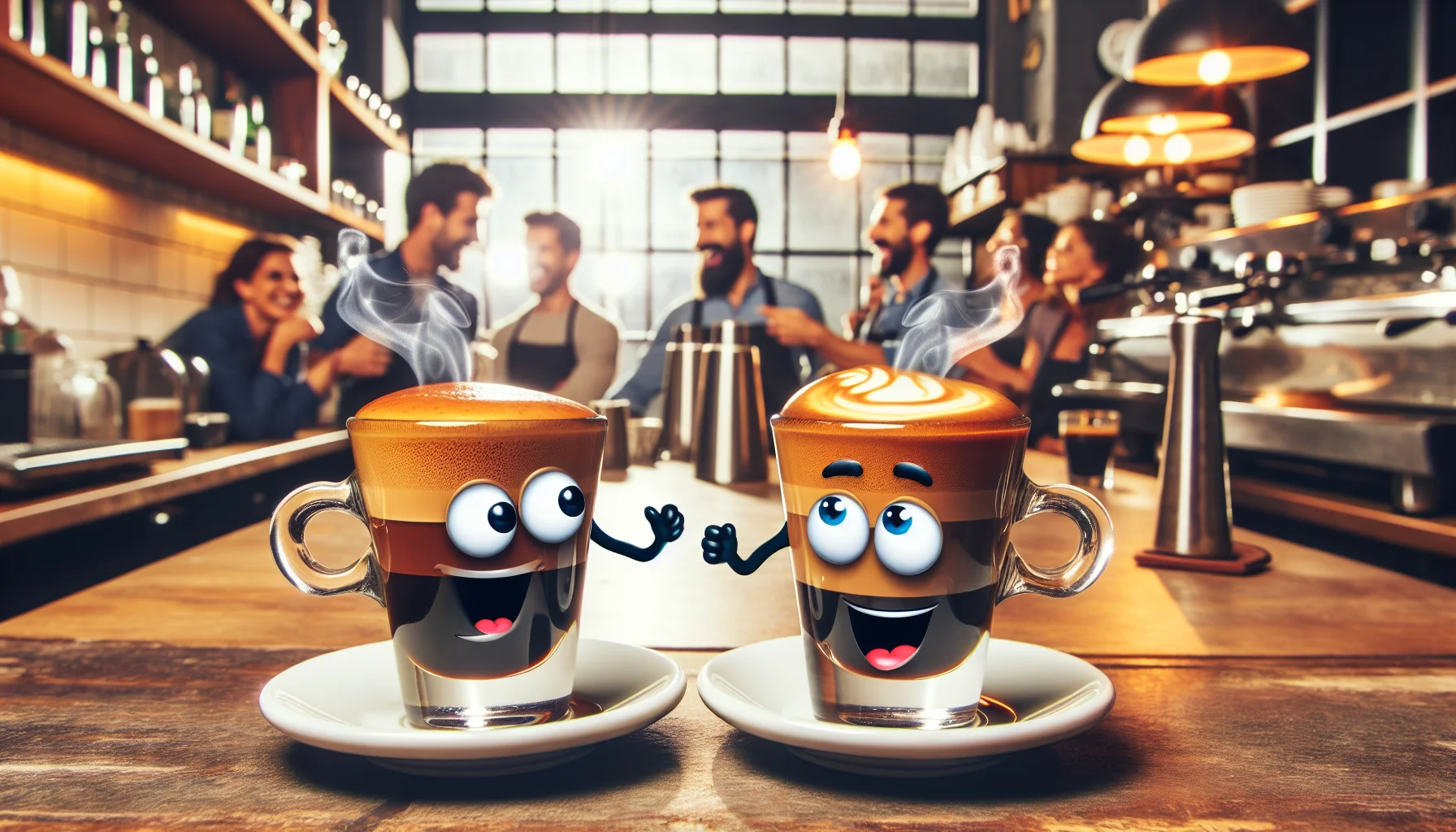 Picture an amusing scenario where two espresso shot glasses have been anthropomorphized. They have expressive faces and are engaging in a playful comedy skit on a cafe counter. The first shot glass is brimming with fresh, steaming espresso, appearing all heated and flustered, while the second one is empty and nudging the first one, looking all cool and teasing. The background includes barista equipment, cozy ambiance, and coffee-loving customers of mixed gender and varied descents including Caucasian, Hispanic, and Black, laughing and enjoying the amusing espresso show.