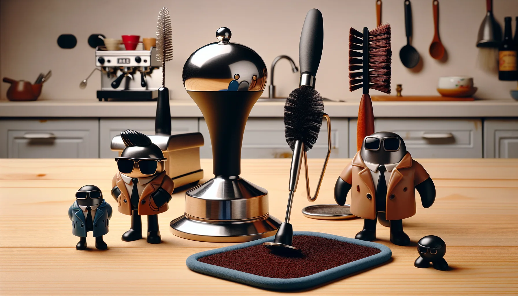 This is a fun and intriguing scene featuring an espresso tamper kit. There are multiple tools including a stainless steel tamper, a cleaning brush, and a tamp mat standing as characters in a comedy skit. The tamper, with its shiny surface, is wearing sunglasses like a cool hero. The brush is dressed like a meticulous investigator, constantly cleaning up, and the tamp mat, with its rubbery texture, is depicted like a friendly, chubby character always ready to catch the falling coffee grounds. They're in a lively kitchen setup, partaking in a series of humorous acts which make everyday coffee making an adventure. This image entices people to indulge, appreciate and enjoy their espresso routines.