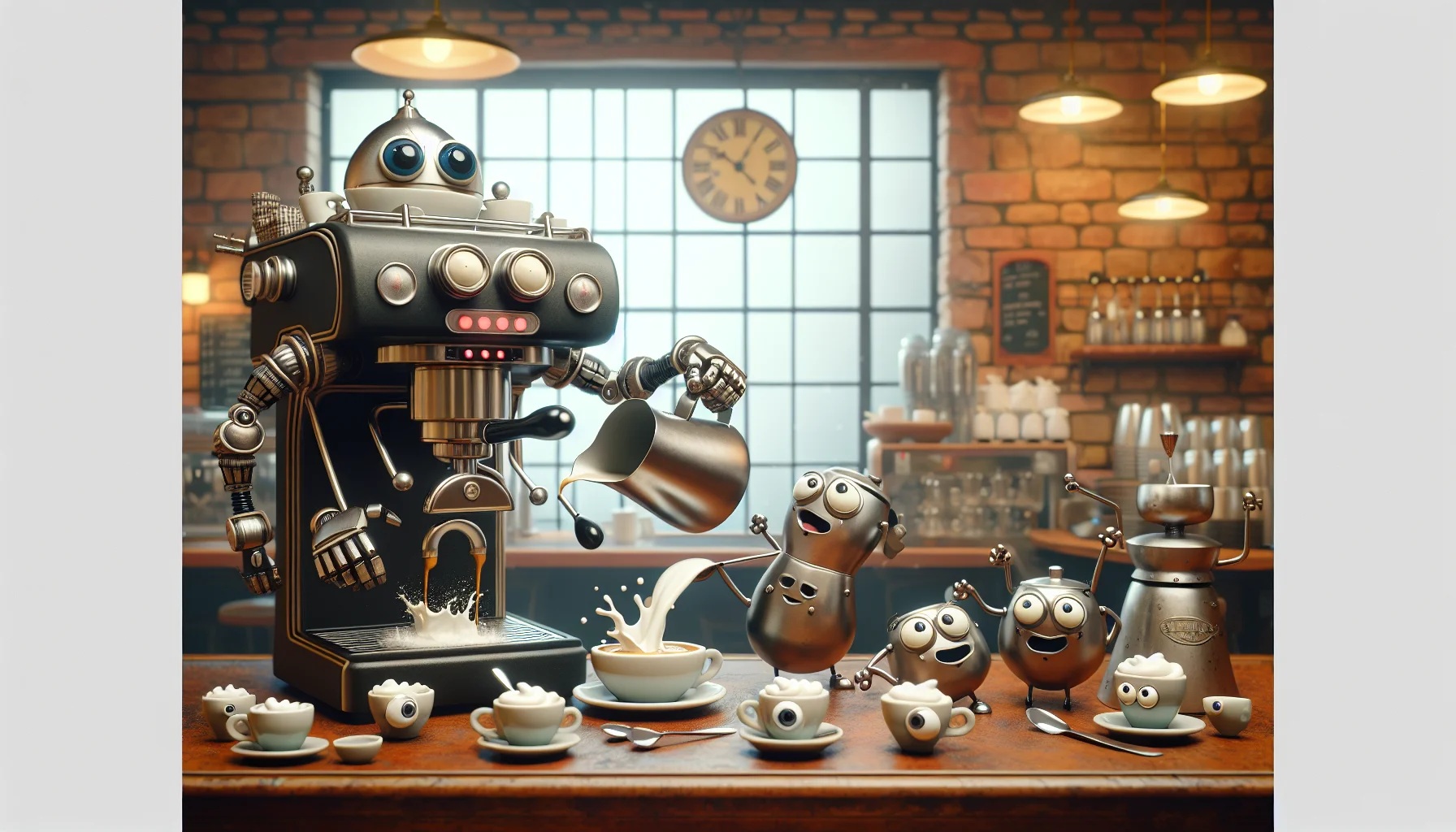 Imagine an amusing scene unfolding in a traditional coffee shop. In the forefront, an espresso machine, resembling an overly muscular anthropomorphic robot, is energetically pulling shots of espresso. Nearby, a milk frother with big googly eyes seems to be dancing with a steel pitcher, creating seamlessly frothy milk. On the counter, a set of quaint cups, spoons, and a coffee scale look on with comical faces. The atmosphere is heartwarming, inviting everyone to savor the process and joy of espresso brewing.