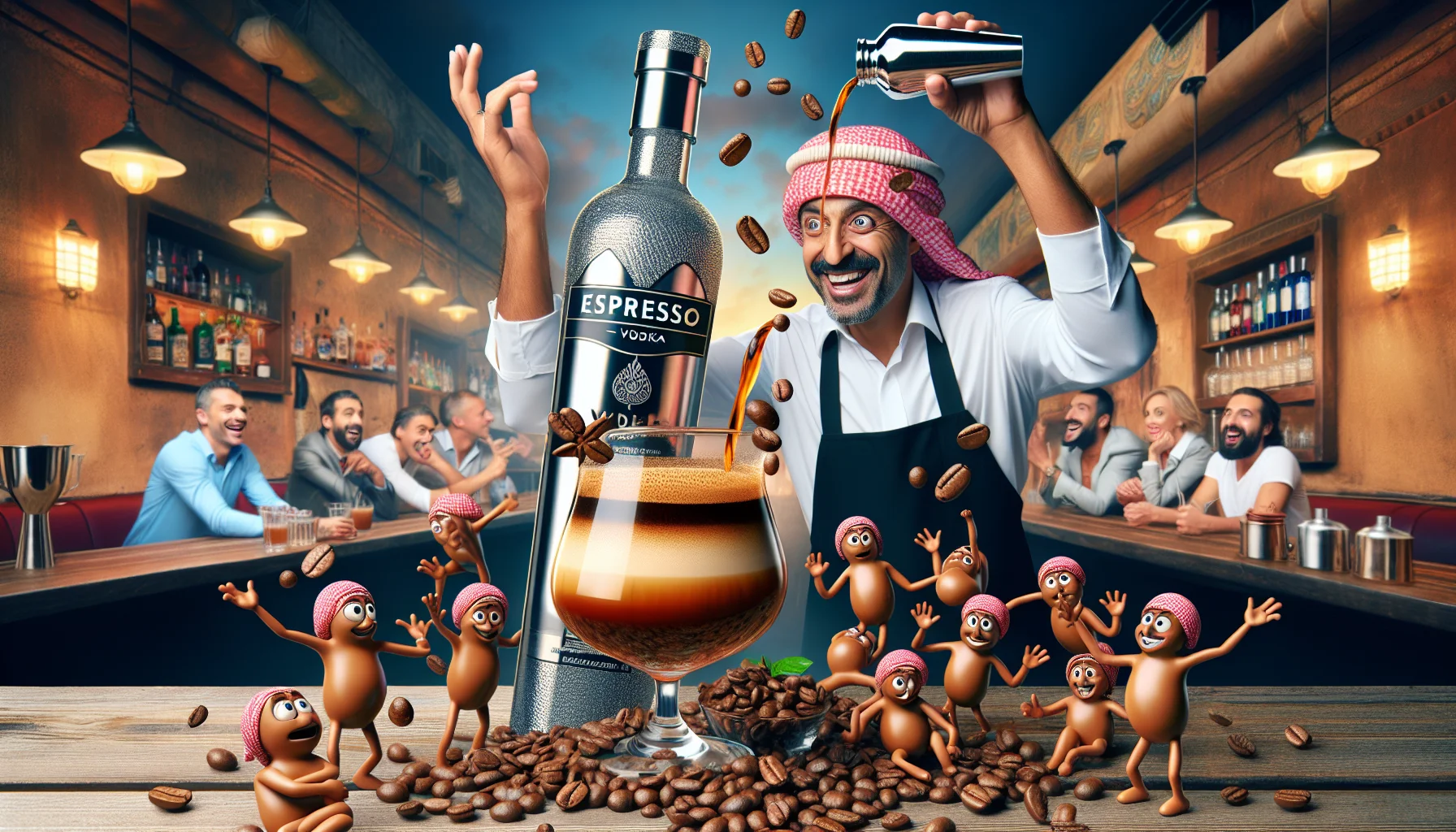 An amusing scene involving espresso vodka ensues. Imagine a charmingly rustic bar with the main focus on a glossy bottle of espresso vodka on the counter. A creative cocktail is being prepared by a skillful Middle-Eastern male bartender, adroitly juggling shakers, and pouring a tantalizing mix of chilled espresso vodka into a fancy glass garnished with coffee beans. Adding to the fun, design a band of animated, anthropomorphic coffee beans lounging by the glass, their tiny arms raised in cheer, exuding a carnivalsque air. In the backdrop, captivated patrons having a good time brings the scene full circle, suggesting merriment and enjoyment.