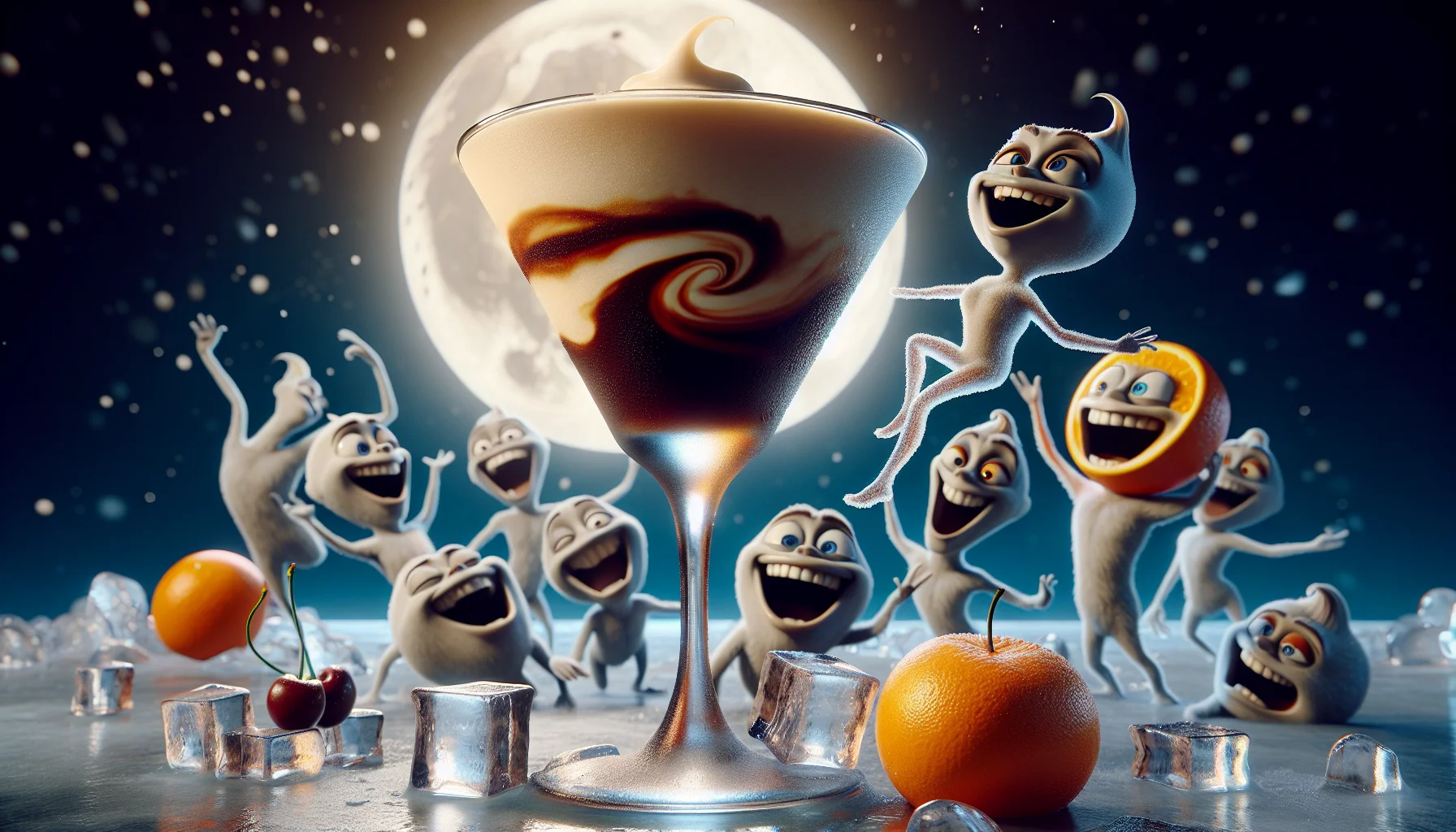 Generate an image of a frozen espresso martini set in an unexpected and amusing scenario. The frothy, icy drink sits with rich chocolate swirls contrasting against the clear, elegant glass. The glass seemingly 'dances' on an icy table, underneath the bright, chilling moonlight. In the backdrop, a group of animated and laughing fruits, like oranges and cherries, appears to be encouraging people to join in their rambunctious fun, representing the drink's enjoyable flavors. The scene indicates an attractive aura of mirth and whimsicality, playfully enticing viewers to sample this delightful cocktail.