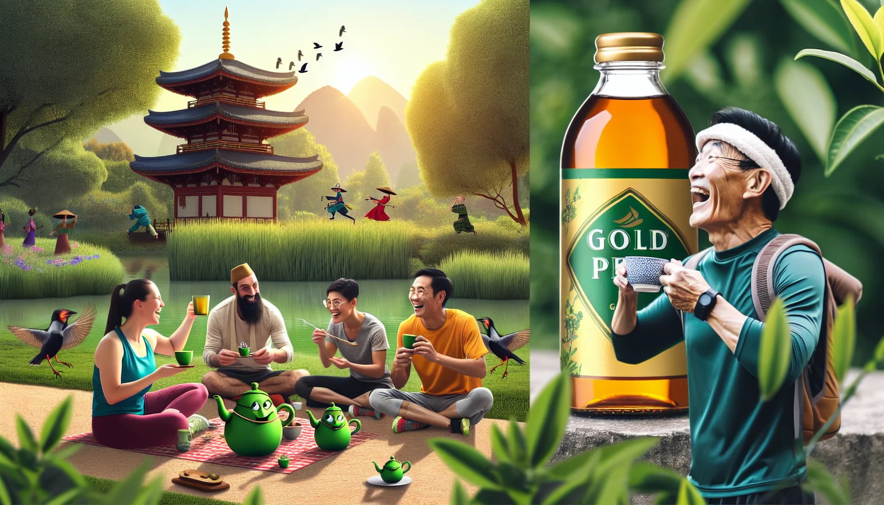 Create an engaging and humorous scenario with a bottle of Green Tea. The scene is set in a lively park on a warm and sunny day. A group of tea leaves are having a picnic near a pond, happily sipping from tiny cups. Next to them, a bottle of gold peak green tea is being opened by an athletic Caucasian woman who just finished her jog and looks amused looking at the scenario of these animated tea leaves. Her Asian male friend, a bird-watcher, is chuckling while looking through his binoculars at this strange yet entertaining scenario.