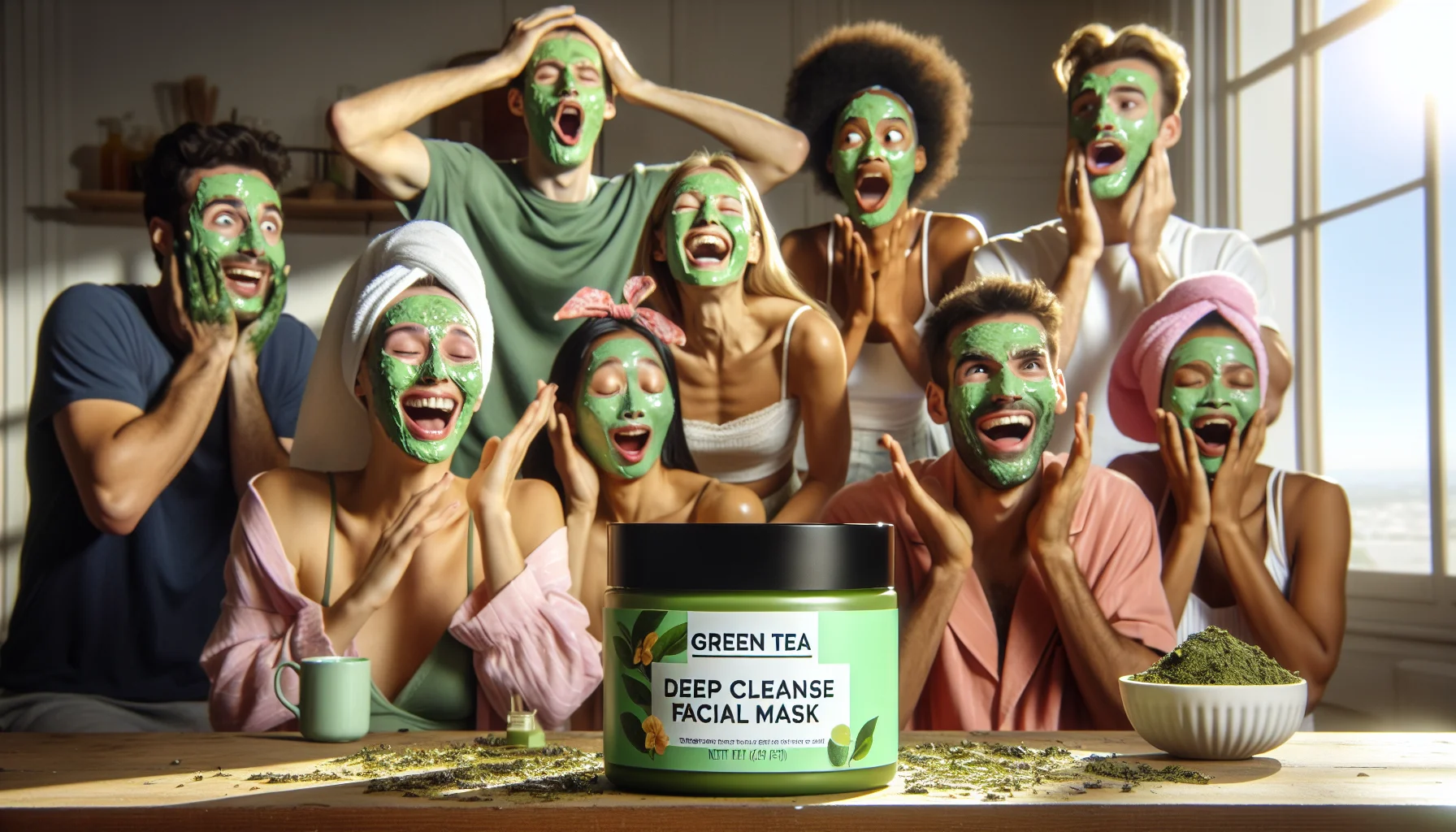 Imagine a comedic scene that brings a smile to your face. In the center of this scene is a vibrant, beautifully designed green tea deep cleanse facial mask jar. Around the jar, a group of mixed descent individuals of varying ages and genders are applying the mask. Each individual is reacting humorously to their newfound green faces while others struggle to suppress their laughter. The setting is a light, airy, and aesthetically-pleasing room with soft sunlight pouring in, highlighting everyone's glowing green faces. The overall atmosphere should denote fun, relaxation, wellness, and a lighthearted approach to skincare.