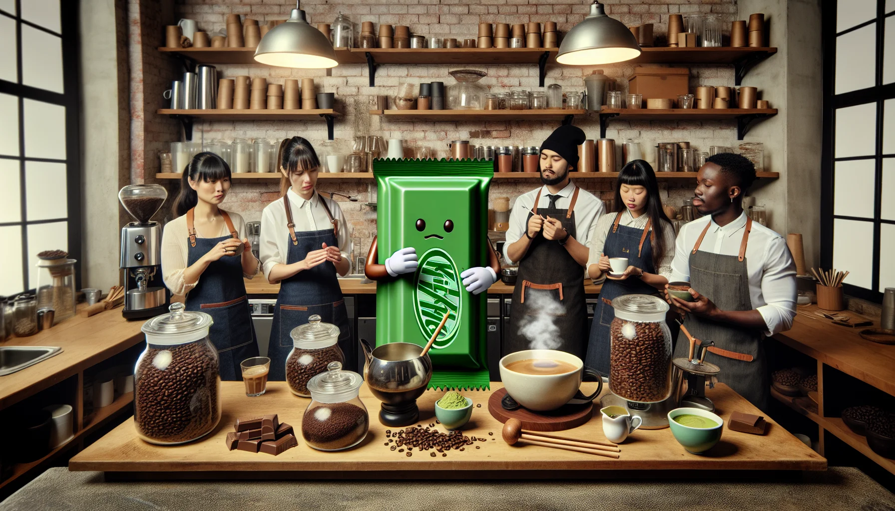 Create a whimsically humorous scene set in a bustling artisan coffee and tea shop. In the center of the scene, prominently displayed is a 'Green Tea Kit-Kat' that has somehow become personified. It's attempting to brew tea and coffee alongside skilled human baristas of different genders and descents, such as a Caucasian female barista, South Asian male barista, and a Black gender-neutral barista, all wearing hipster-style uniforms. Would-be customers, both amused and intrigued, watch this spectacle unfold. The ambiance of the shop is filled with the aroma of freshly ground coffee beans, steamed milk, and the subtle undernotes of matcha. Everywhere, stacks of whole beans, different types of tea leaves, and coffee-making equipment contribute to this playful scene.
