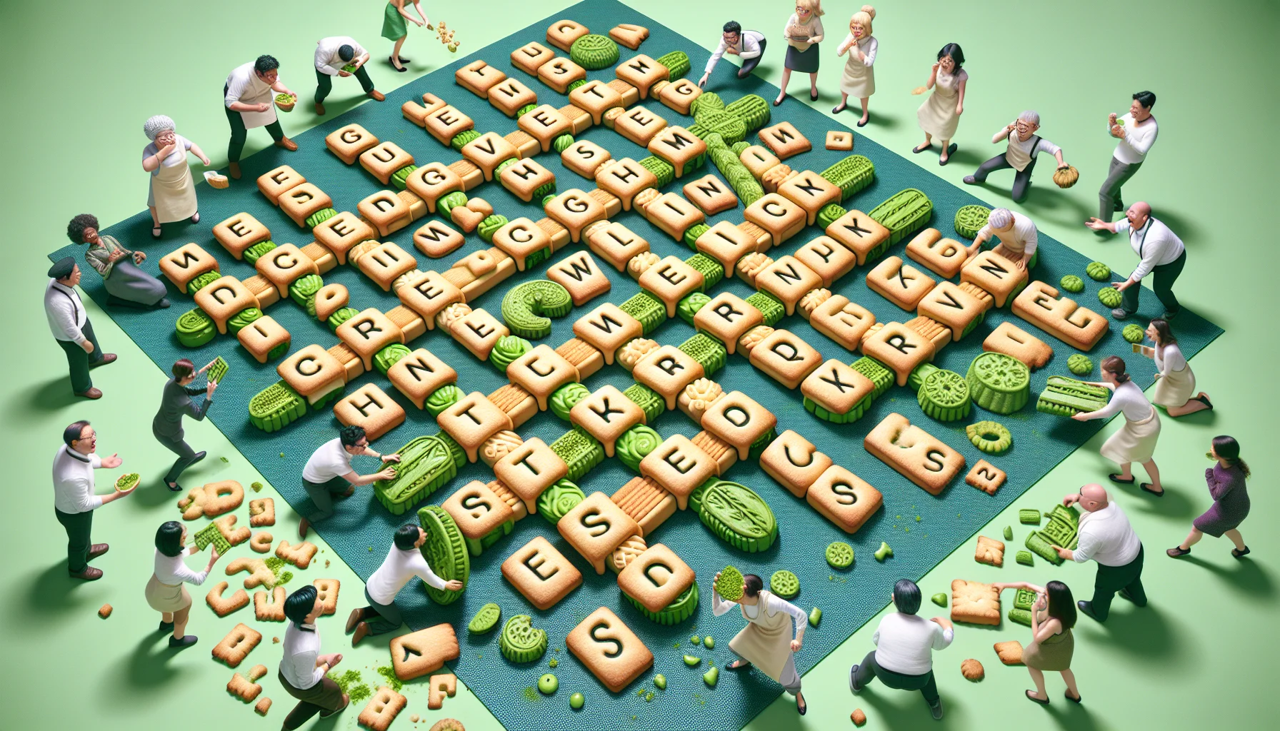 Visualize a humorous scenario involving a giant green tea-flavored crossword puzzle composed of cookies and biscuits. Each alphabet of this unbelievably appetizing crossword is carefully crafted from green tea-infused treats. People from various descents around the world, ranging from East Asian to Caucasian to Hispanic and African, both men and women, are seen gravitating towards the crossword with curiosity and delight, occasionally breaking off parts of the treats from the crossword and enjoying them. They express various comical expressions of surprise, joy and unique ways of solving the crossword and relishing their rewards.