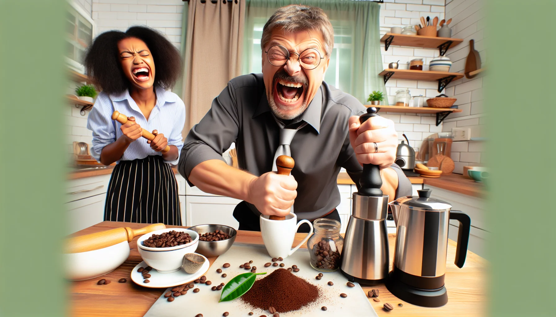 Depict an amusing scenario of a middle-aged Caucasian man trying to make an espresso at home without a machine. He is in a bright kitchen with a clutter of various kitchen appliances and ingredients strewn around, including a french press, hot water kettle, stoically grinding coffee beans with a mortar and pestle. His facial expression radiates determination, but his actions are comically exaggerated, making it a light-hearted and enjoyable scene. Nearby, a young Black woman is either laughing at the hilarious situation, or patiently teaching him the proper method, representing the joy of making and enjoying espresso.