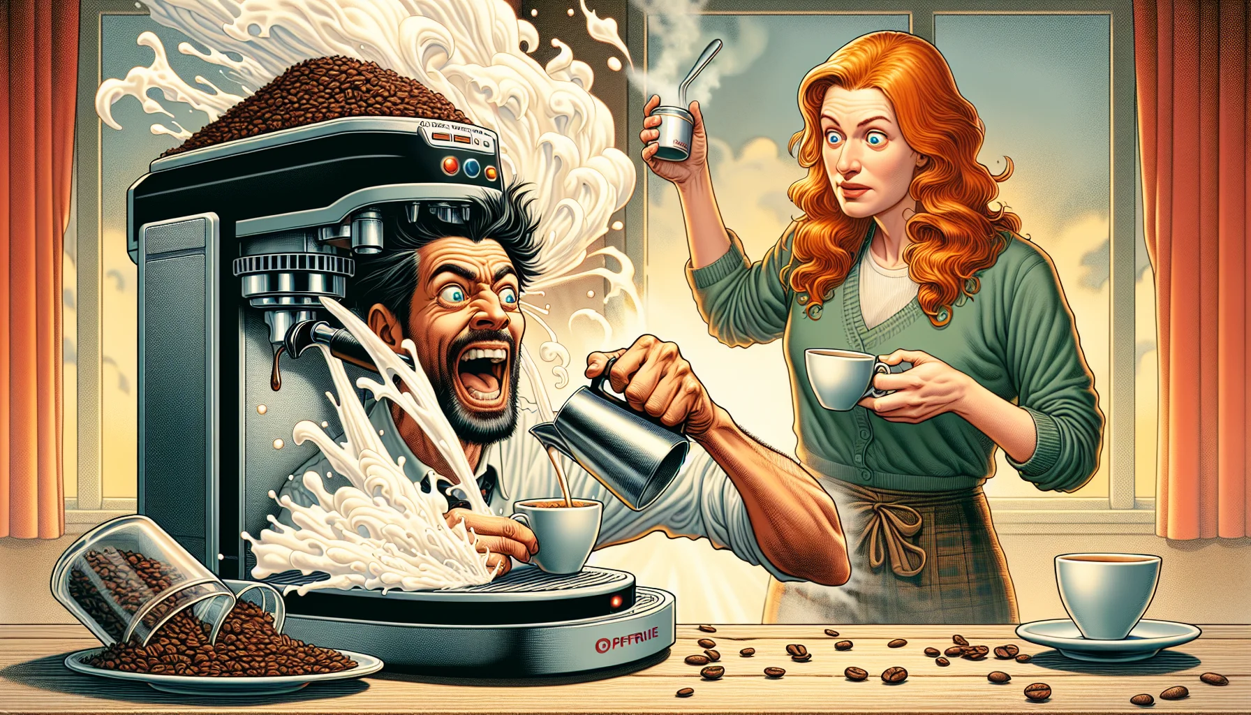 Generate a humorous and realistic illustration of a scene involving a non-branded espresso machine. Picture a man with black hair of Middle-Eastern descent struggling to control a frothy burst of milk as he's learning to use the espresso machine. A woman with ginger hair of Caucasian descent watches in amusement while holding an empty coffee cup, looking forward for her espresso. The background bursts with aromas of freshly ground coffee beans and steam, adding a layer of realism to the scene. This image seeks to evoke laughter, and at the same time, entice coffee lovers to enjoy making their espresso.