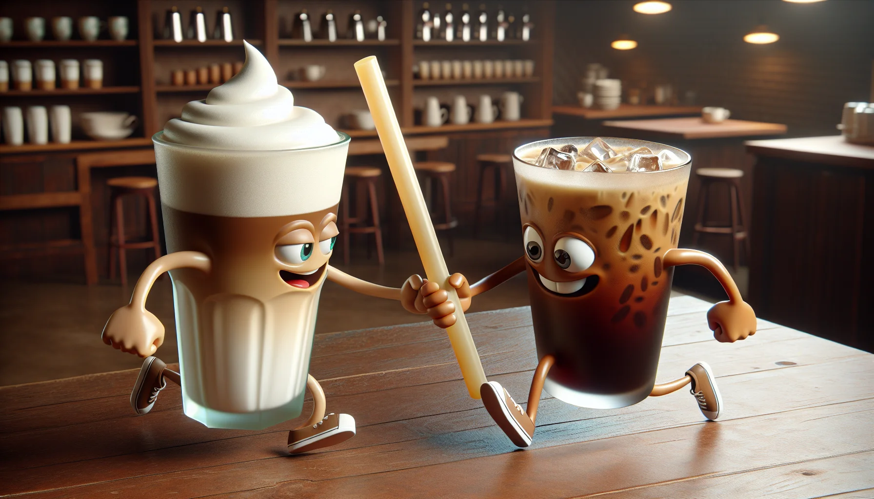 Create a humorous, photorealistic image that showcases the rivalry between an iced latte and an iced coffee. Image should depict both drinks in anthropomorphic form, displaying playful expressions and engaged in a friendly competition to appeal to the audience. They could be seen engaging in a light-hearted race, where the iced latte - with a layer of frothy milk on top - races against the iced coffee, which carries a straw like a baton. The background should reveal a coffee shop setting seeping in warm and inviting tones, encouraging people to enjoy their favorite brew.
