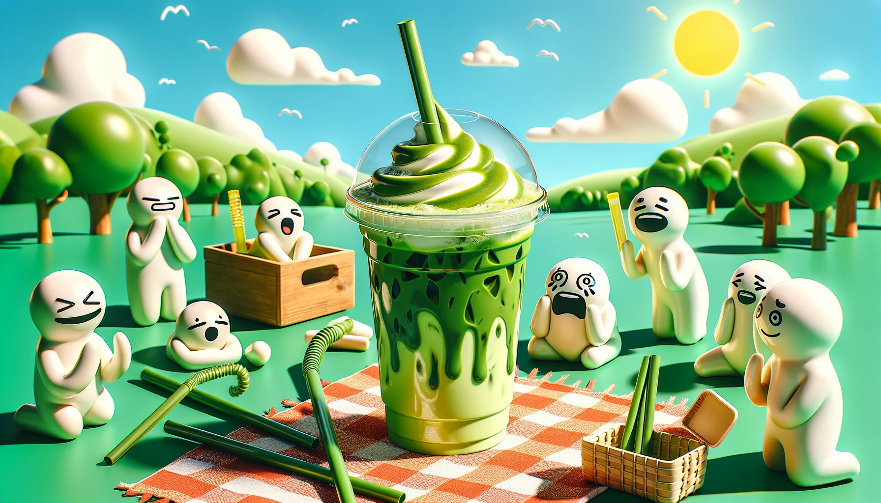 Create an image of a playful scene where an iced matcha latte, complete with a vibrant green hue and a creamy swirl, sits front and center on a picnic blanket. Around it, there are abstract figures displaying humorous expressions of anticipation and longing, each with a reusable straw in hand. In the background, there's a bright sunny day with a clear, blue sky and lush green trees suggesting an ideal environment for a refreshing break. The entire scene conveys a sense of light-hearted fun, beckoning viewers to partake in the joy of enjoying an iced matcha latte.
